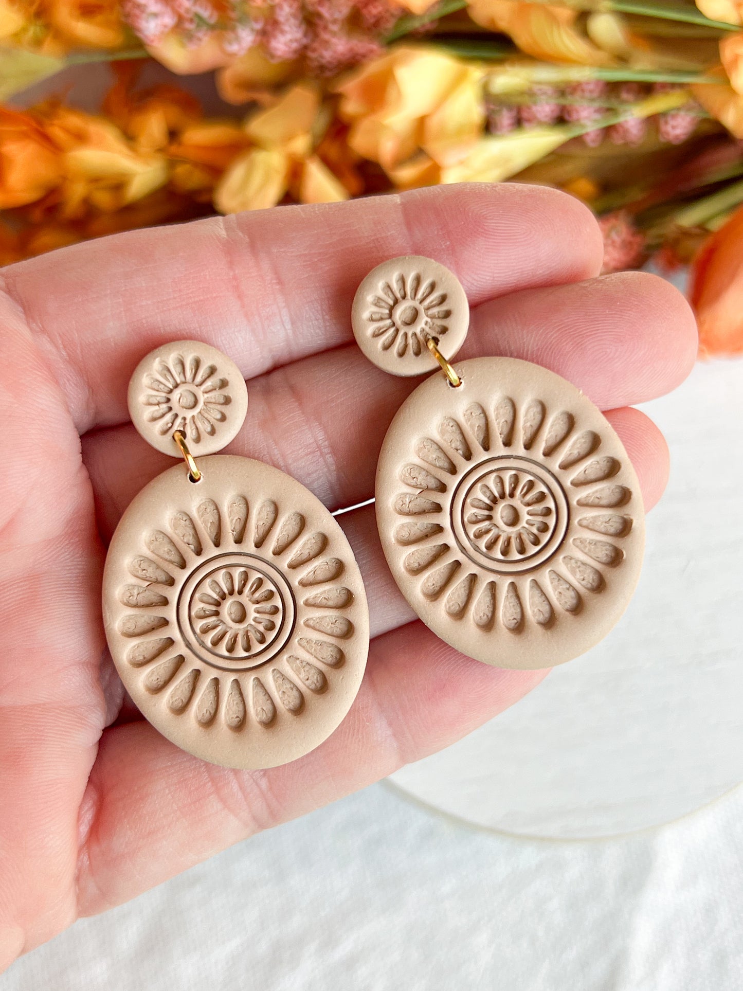 Neutral Taupe Boho Medallion Polymer Clay Earrings