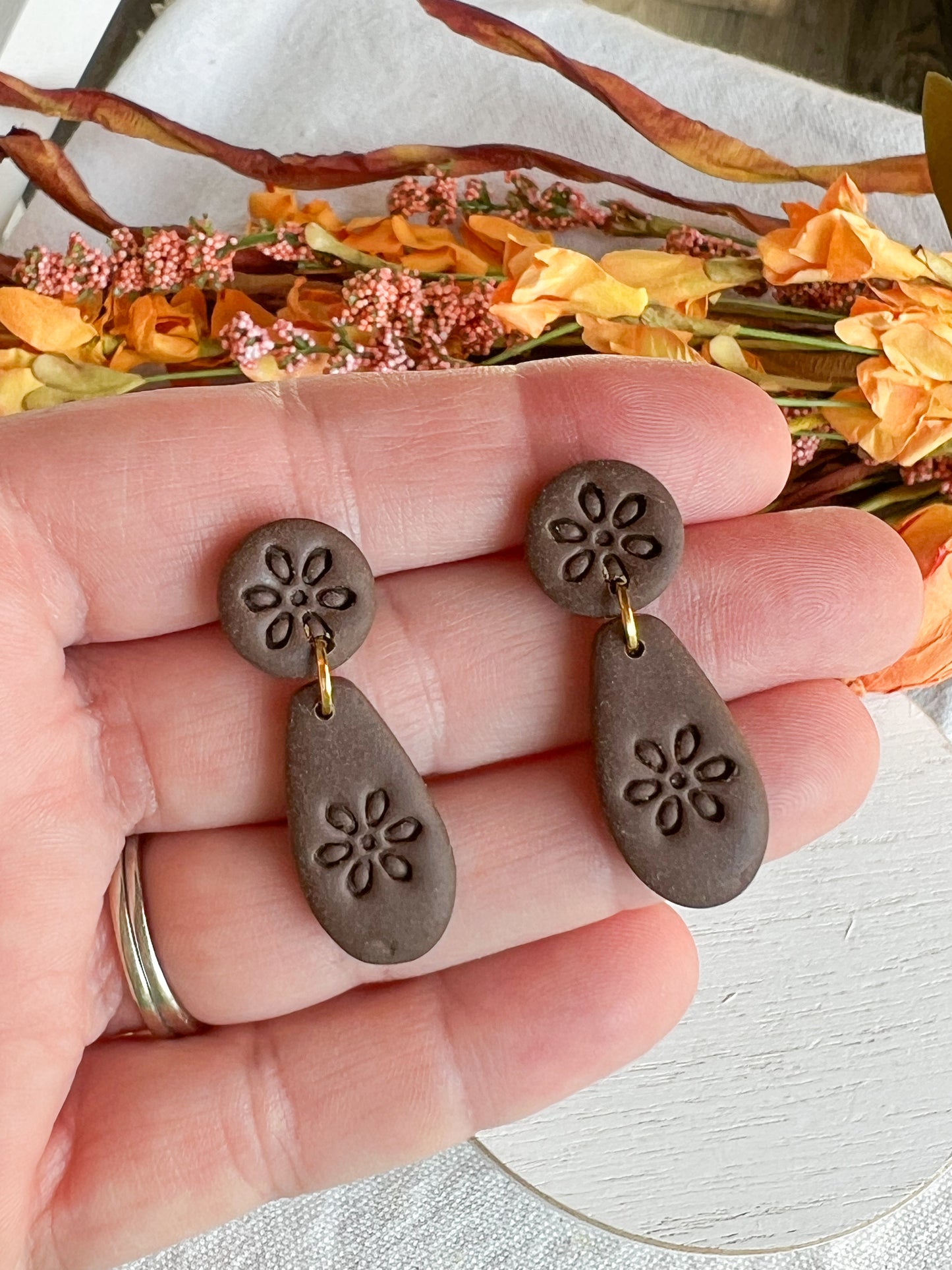 Dark Chocolate Brown Boho Floral Teardrop Polymer Clay Earrings