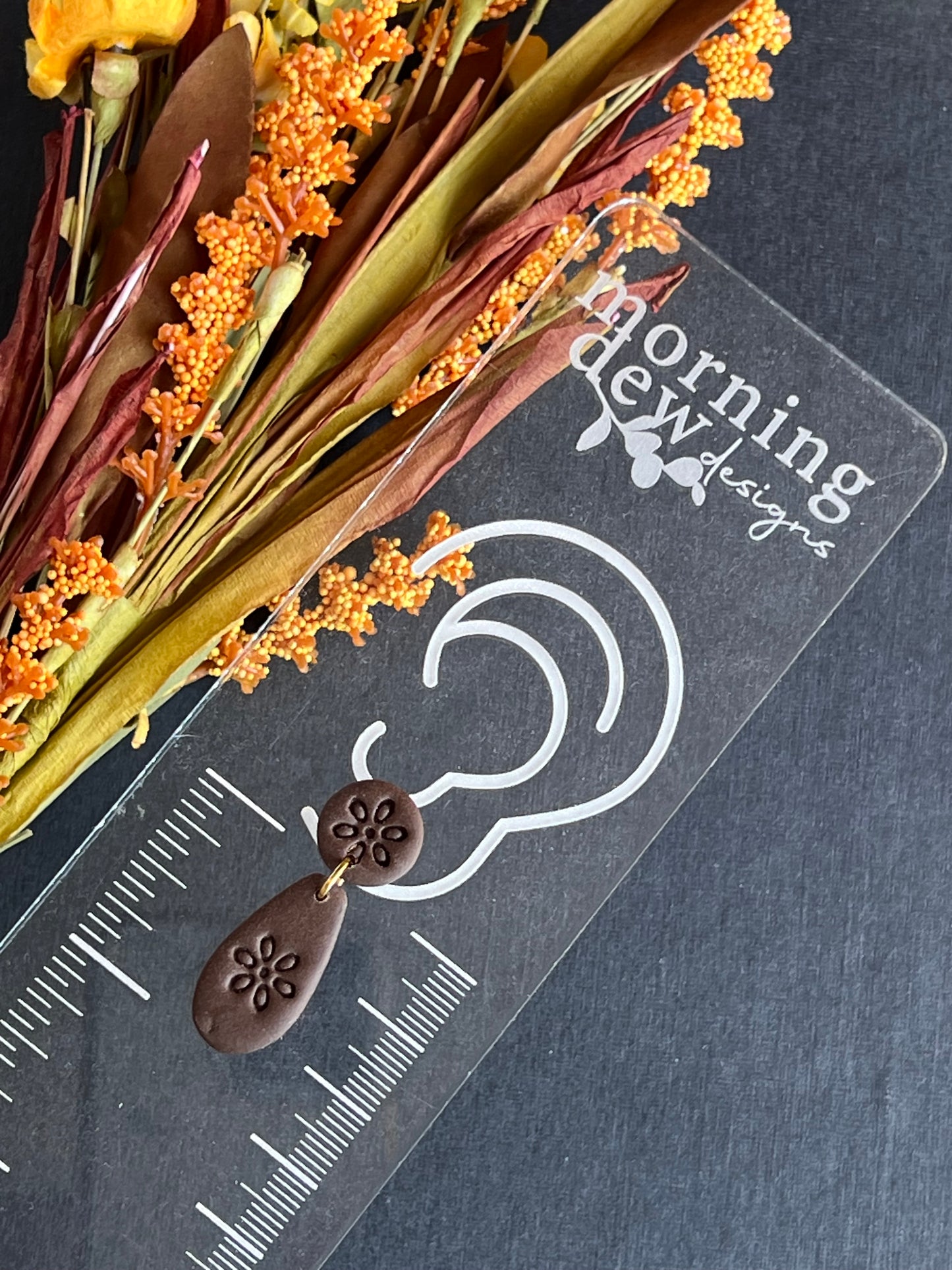 Dark Chocolate Brown Boho Floral Teardrop Polymer Clay Earrings