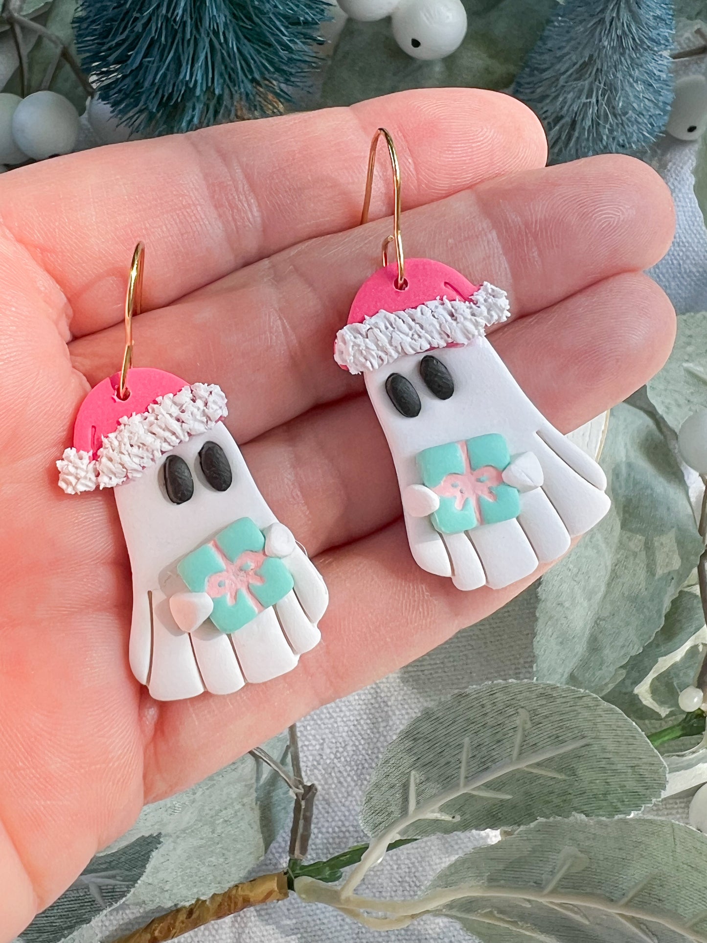 Pink Christmas Ghost with Gift Polymer Clay Earrings