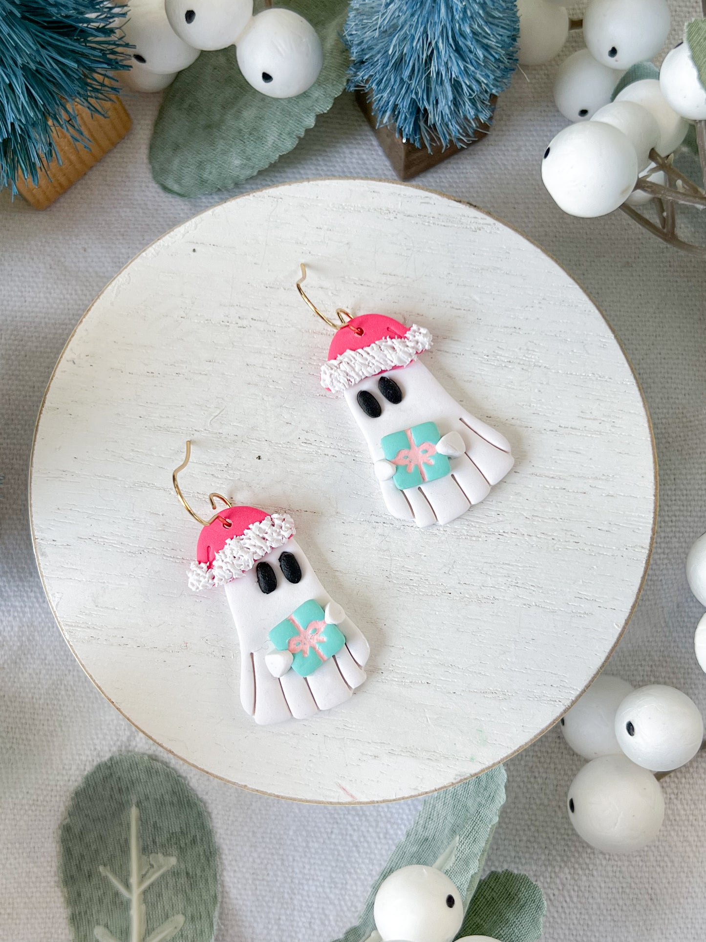 Pink Christmas Ghost with Gift Polymer Clay Earrings