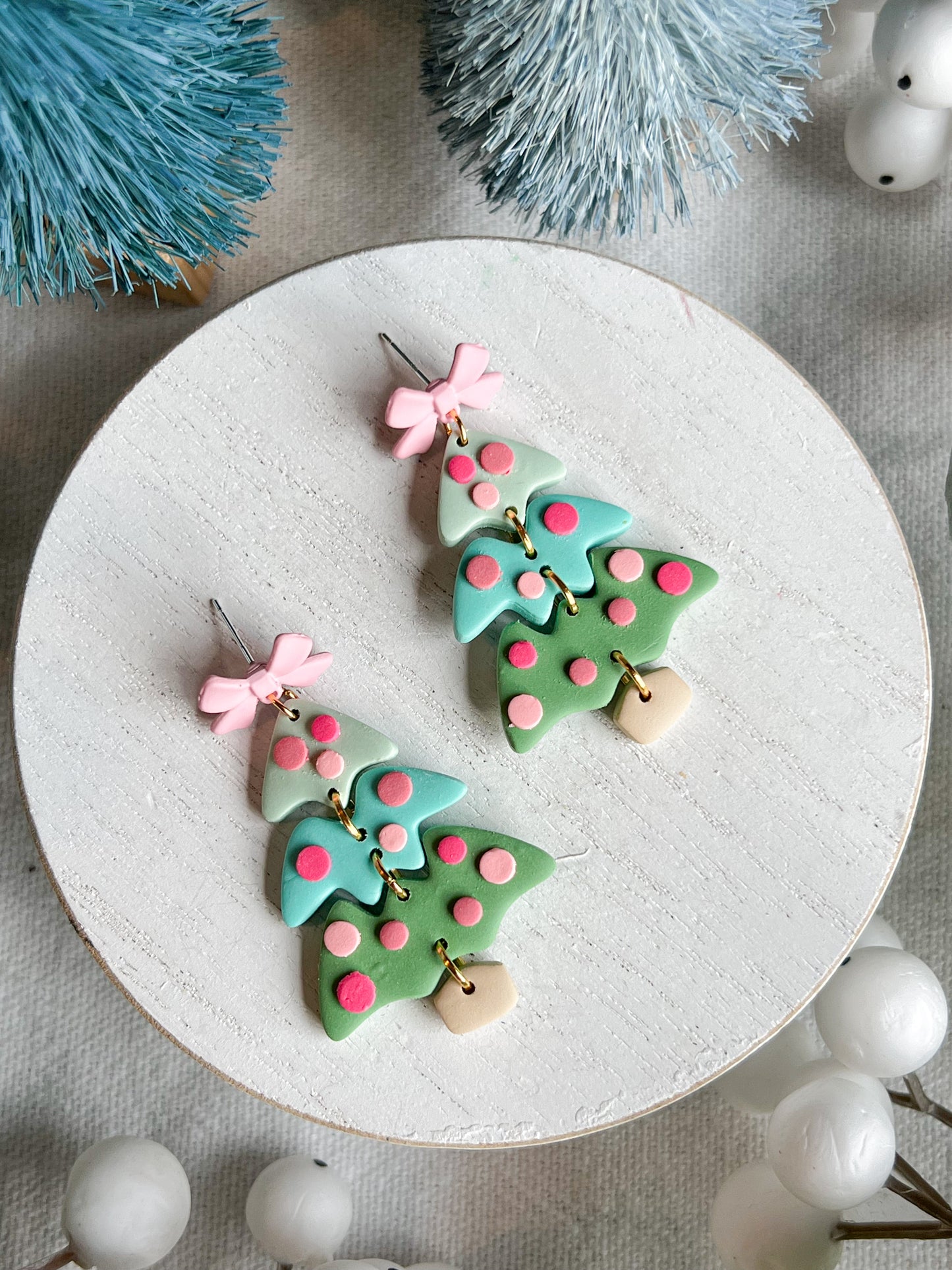 Three Tiered Pink and Mint Christmas Tree Polymer Clay Earrings