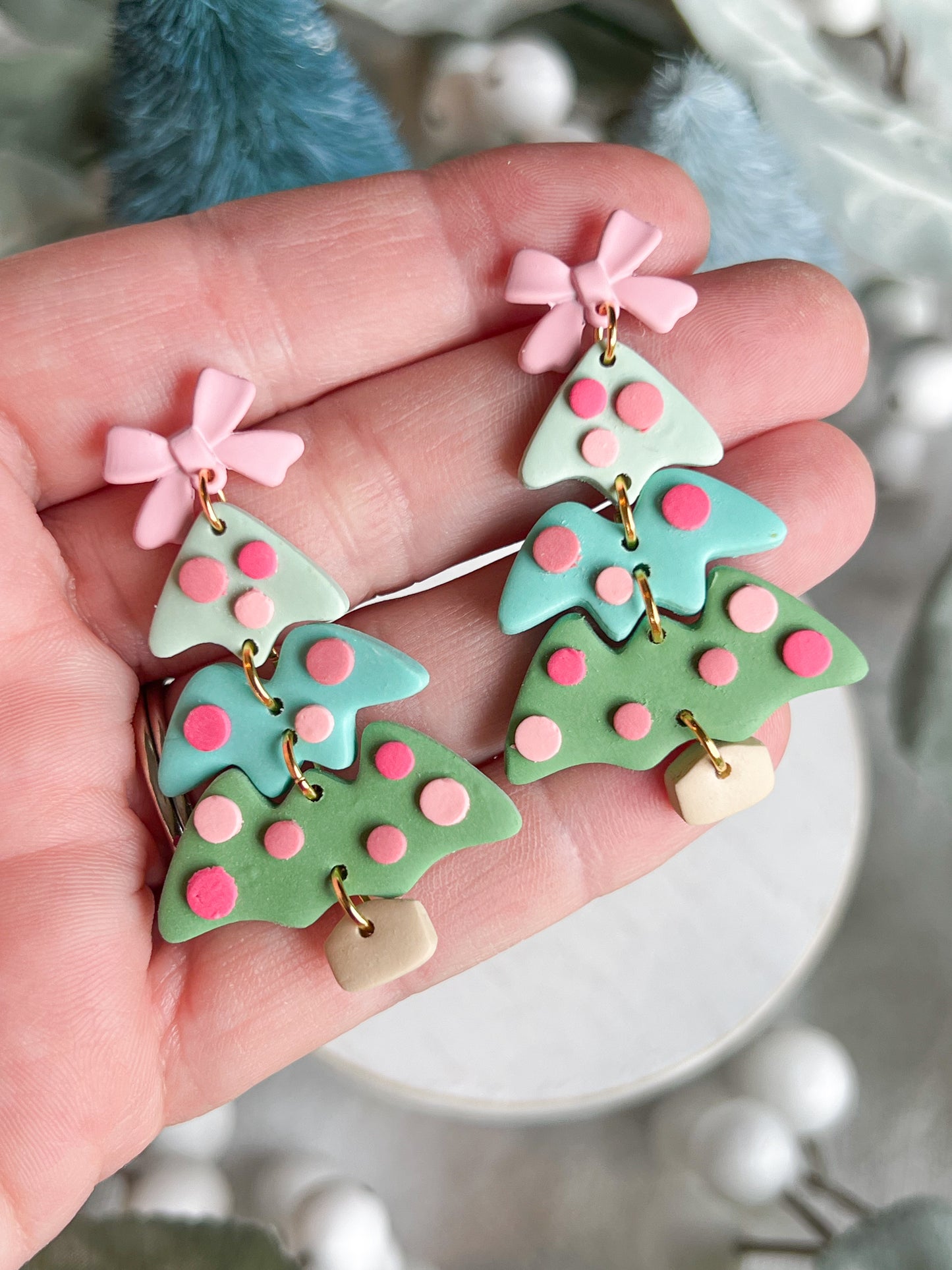 Three Tiered Pink and Mint Christmas Tree Polymer Clay Earrings
