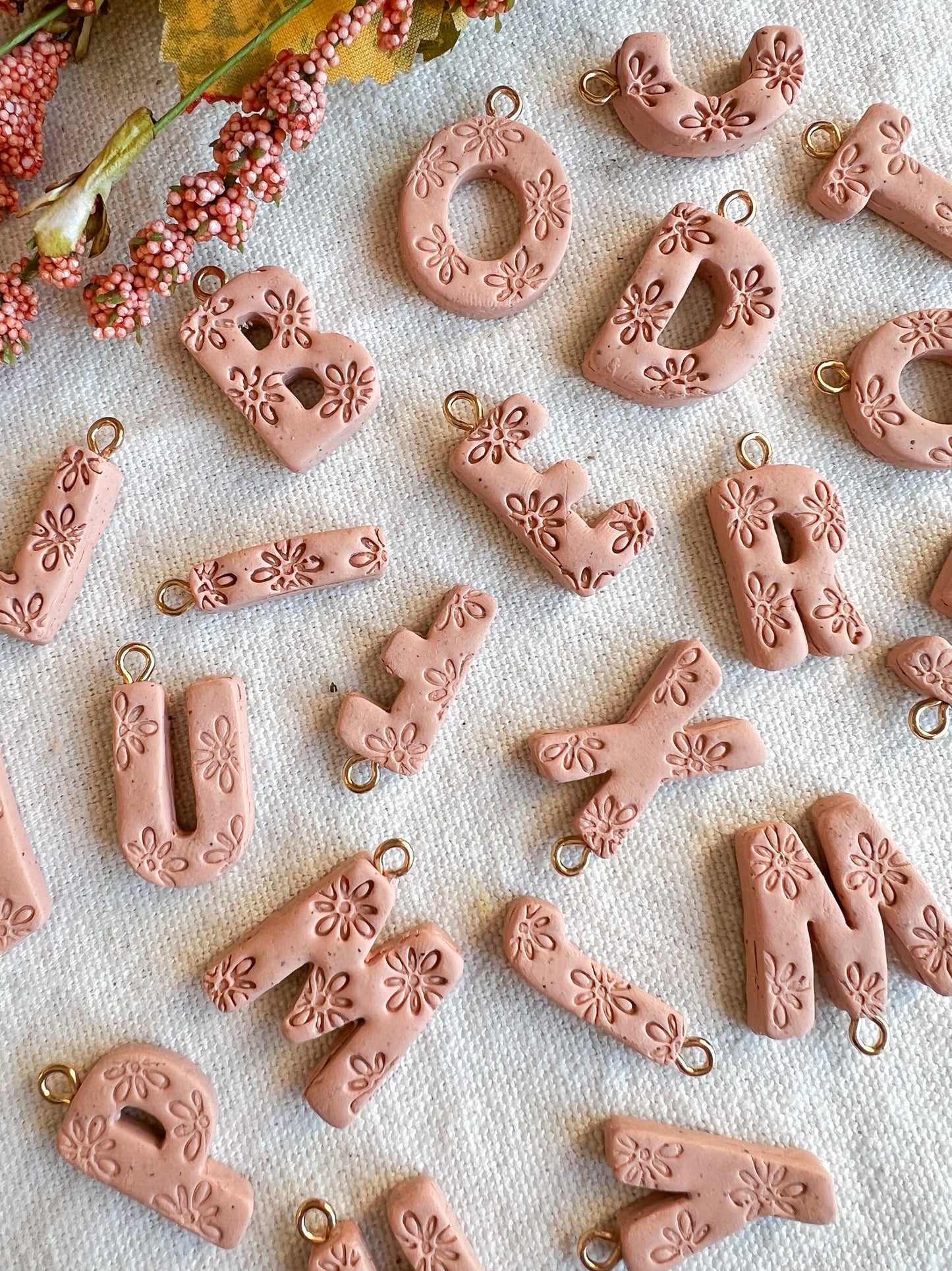 Floral Embossed Alphabet Polymer Clay Charms