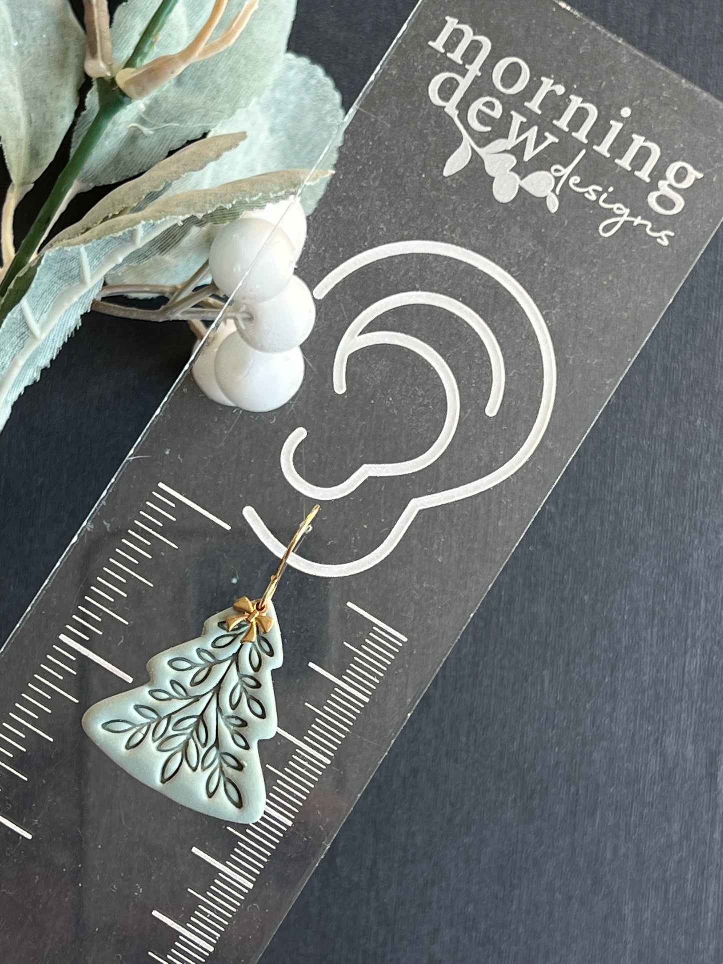 Scandinavian Sage Green Tree with Gold Bow Polymer Clay Earrings