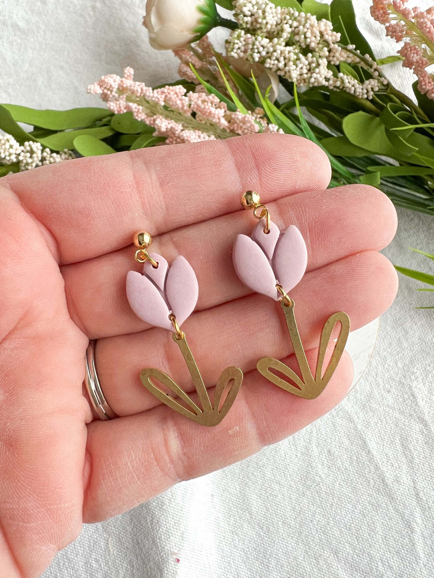 Soft Pastel Tulips with Gold Leaf Dangles