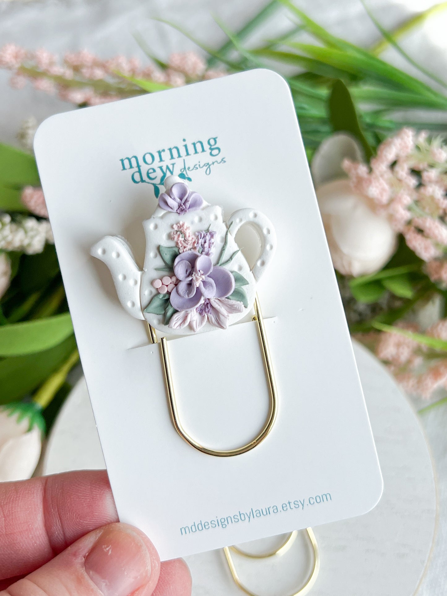 Purple Floral Teapot Paperclip Bookmark