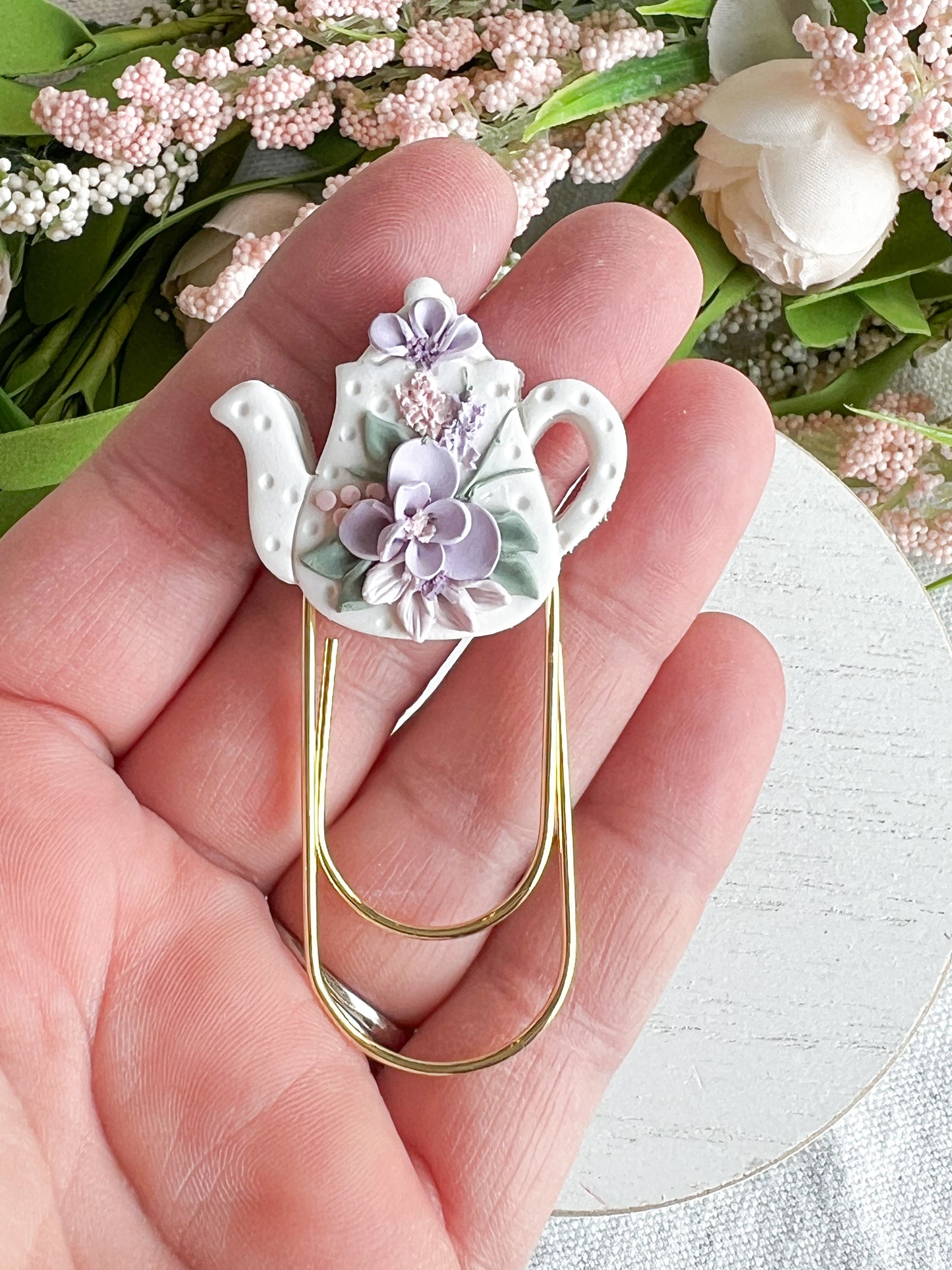 Purple Floral Teapot Paperclip Bookmark