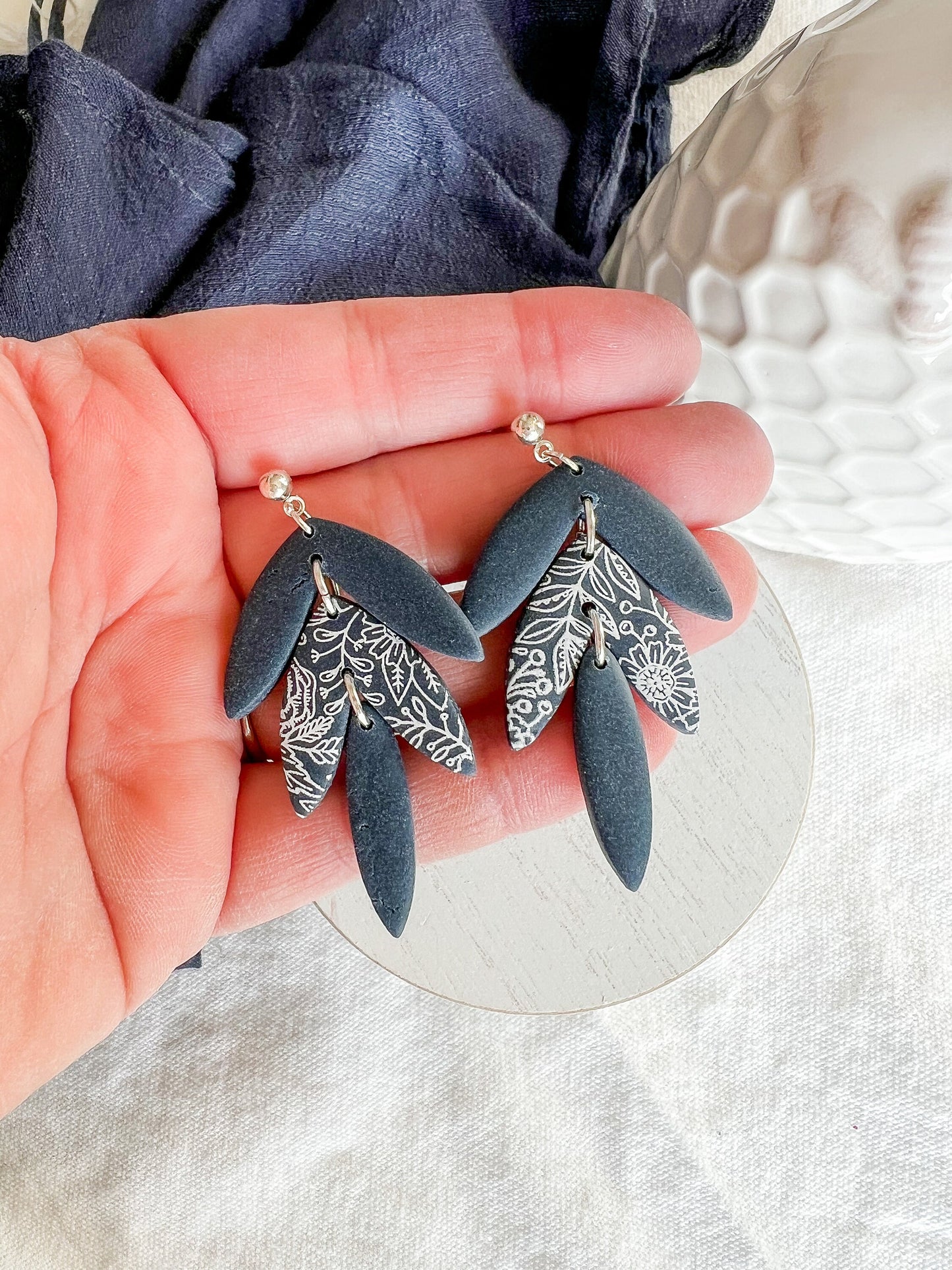 Navy Blue Botanical Leaf Drop Polymer Clay Earrings
