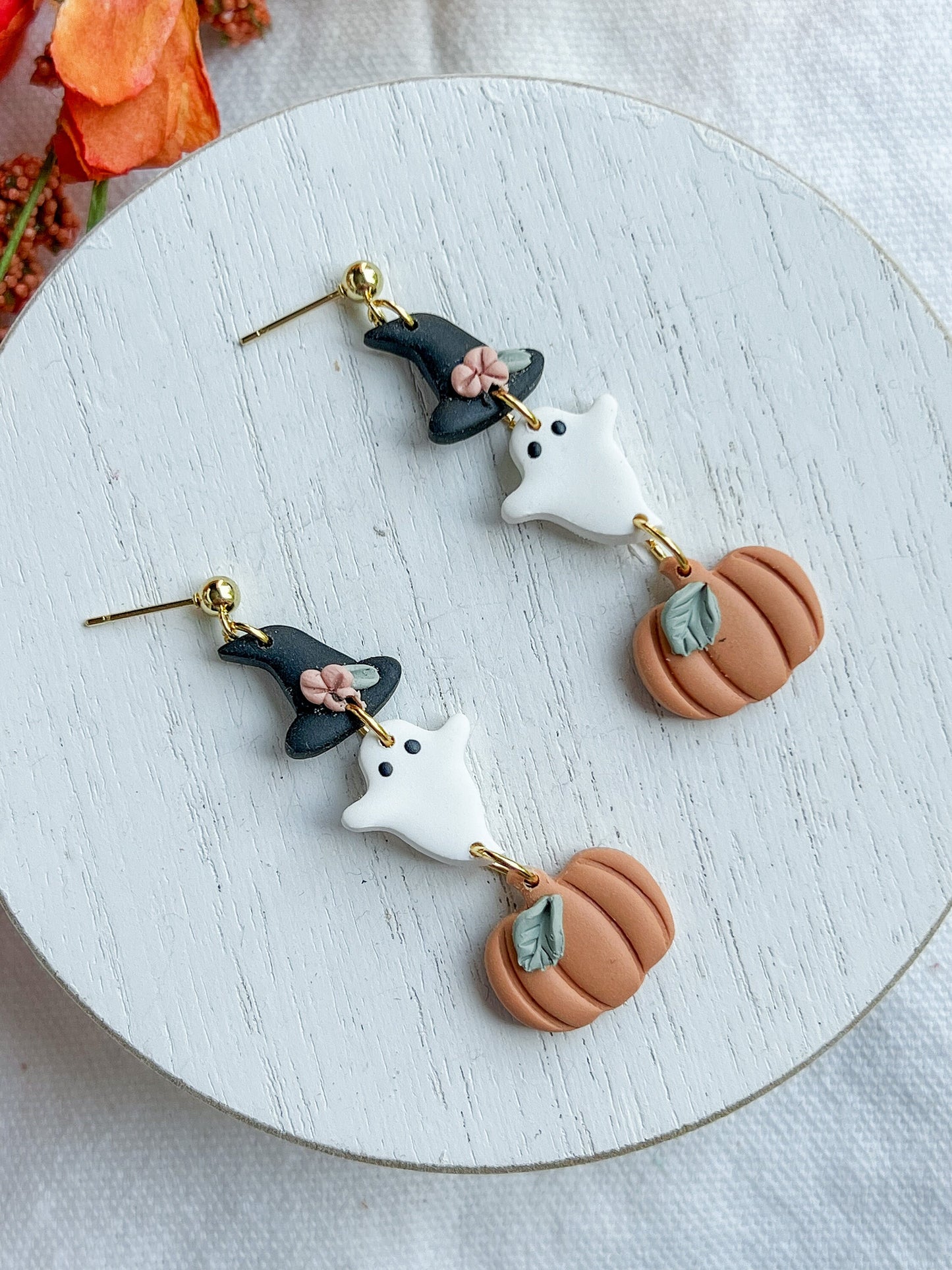 Three Tiered Witch Hat, Ghost, Pumpkin Halloween Dangles