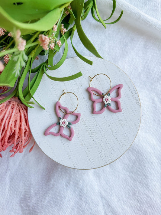 Cutout Soft Pink Floral Butterfly Hoops