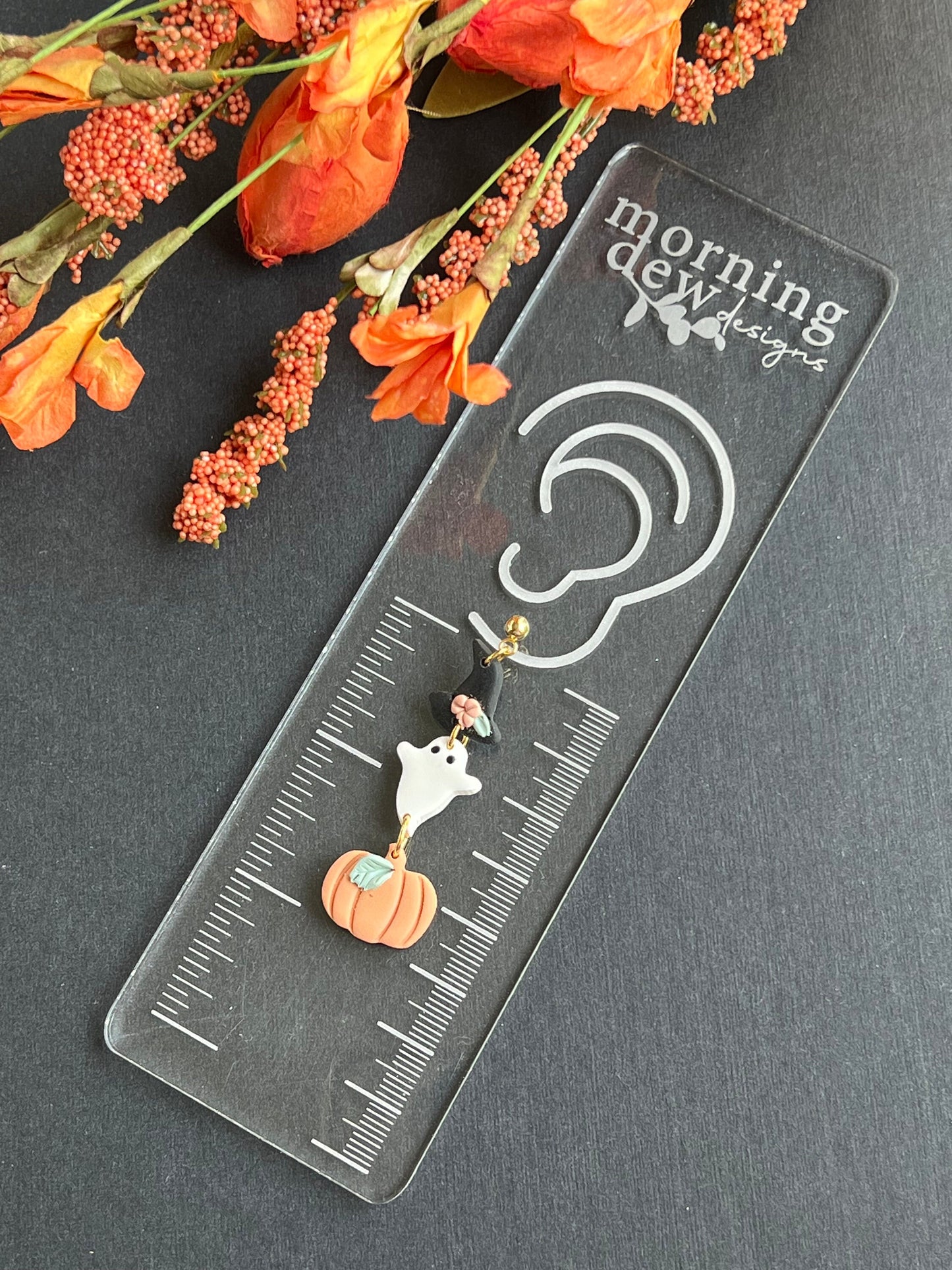 Three Tiered Witch Hat, Ghost, Pumpkin Halloween Dangles