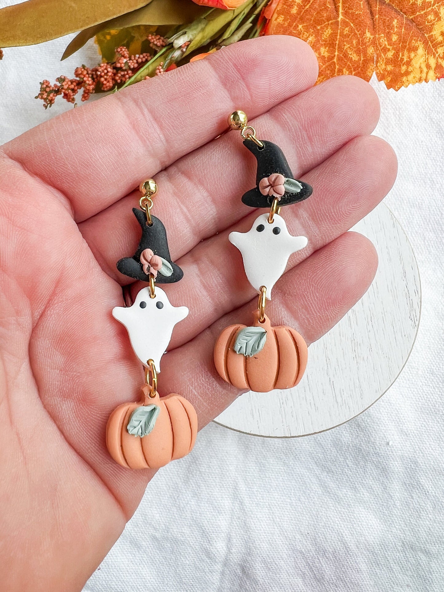 Three Tiered Witch Hat, Ghost, Pumpkin Halloween Dangles