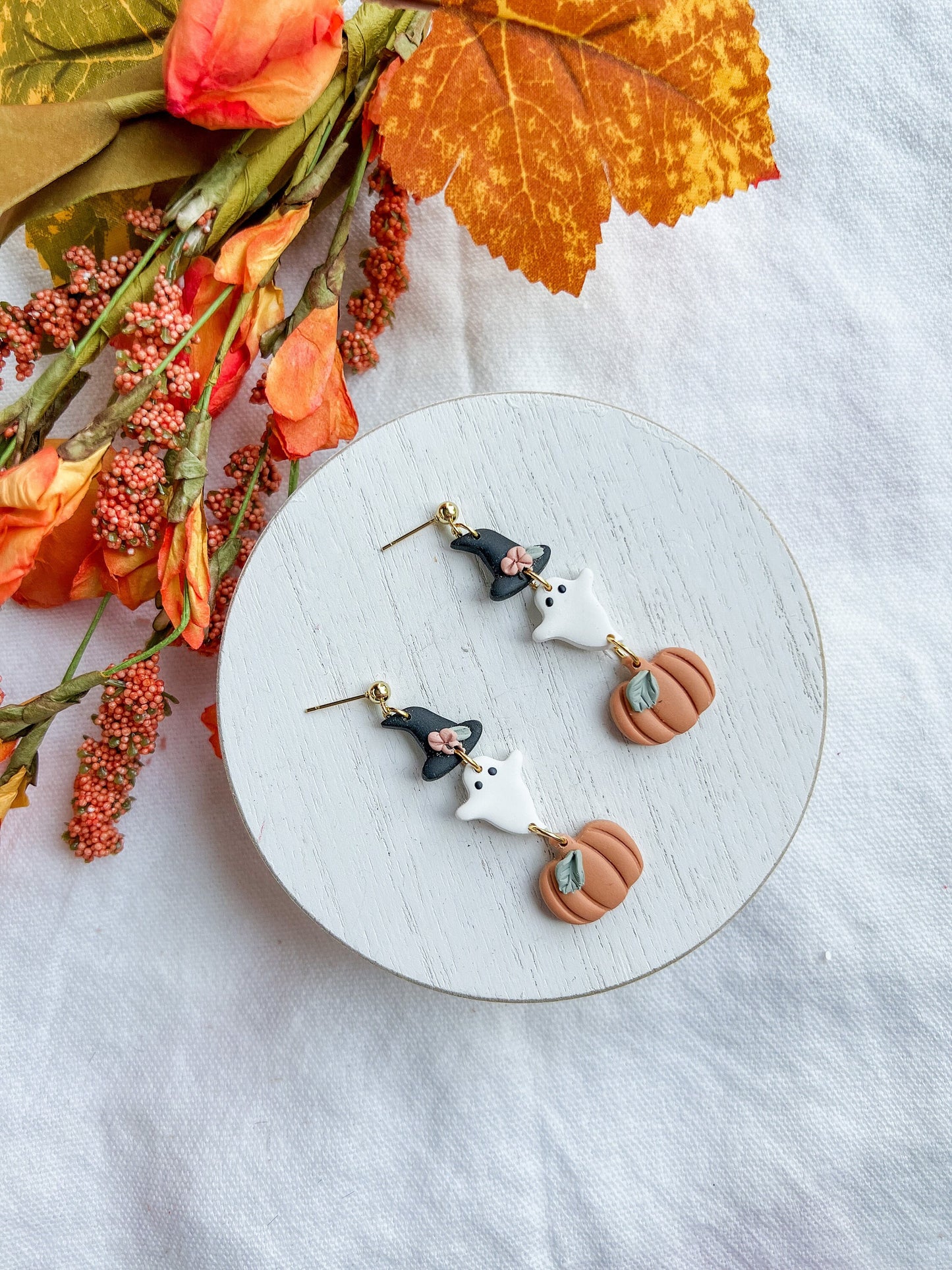 Three Tiered Witch Hat, Ghost, Pumpkin Halloween Dangles