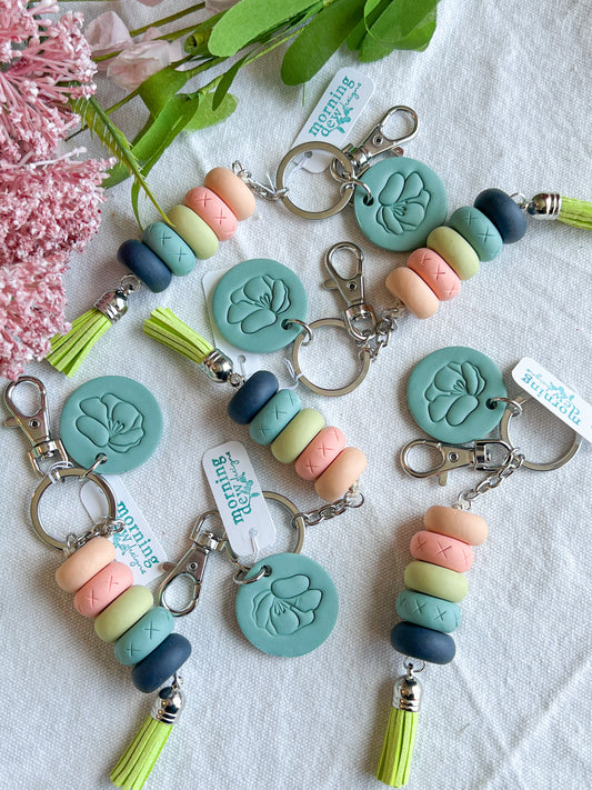 Turquoise and Blue Beaded Polymer Clay Keychain