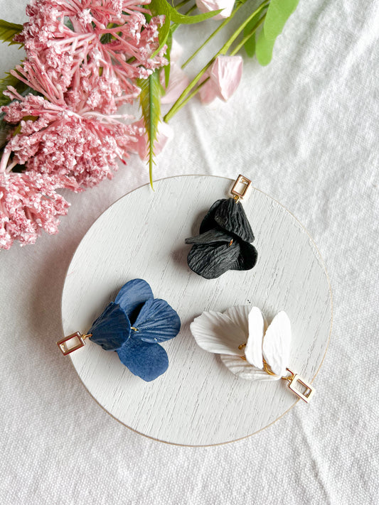 Navy, Cream, or Black Petal Drop Polymer Clay Earrings