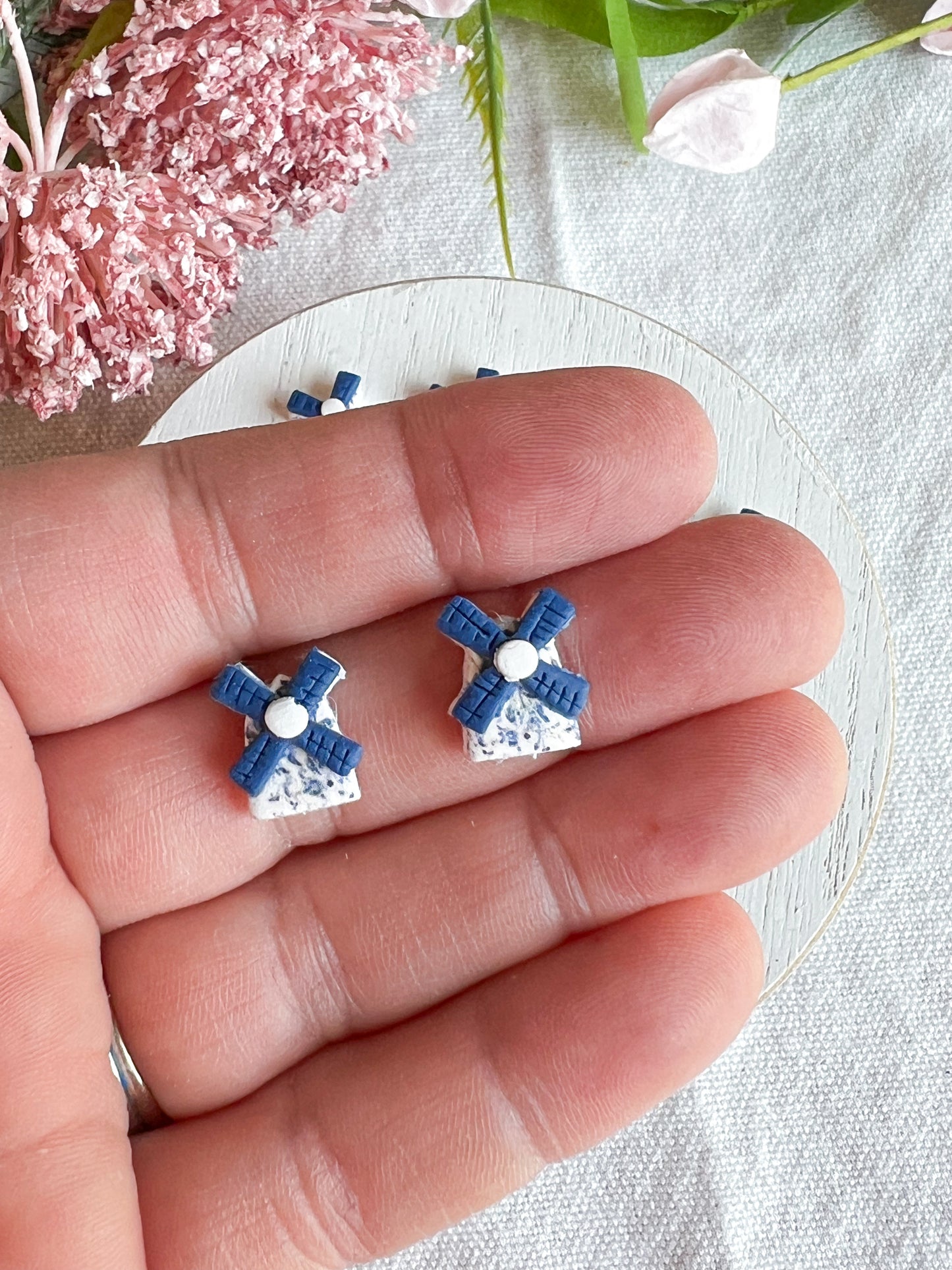 Dutch Delft Windmill Polymer Clay Studs