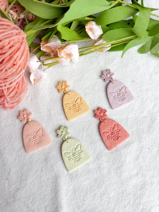 Pastel Honeybee Embossed Floral Polymer Clay Earrings