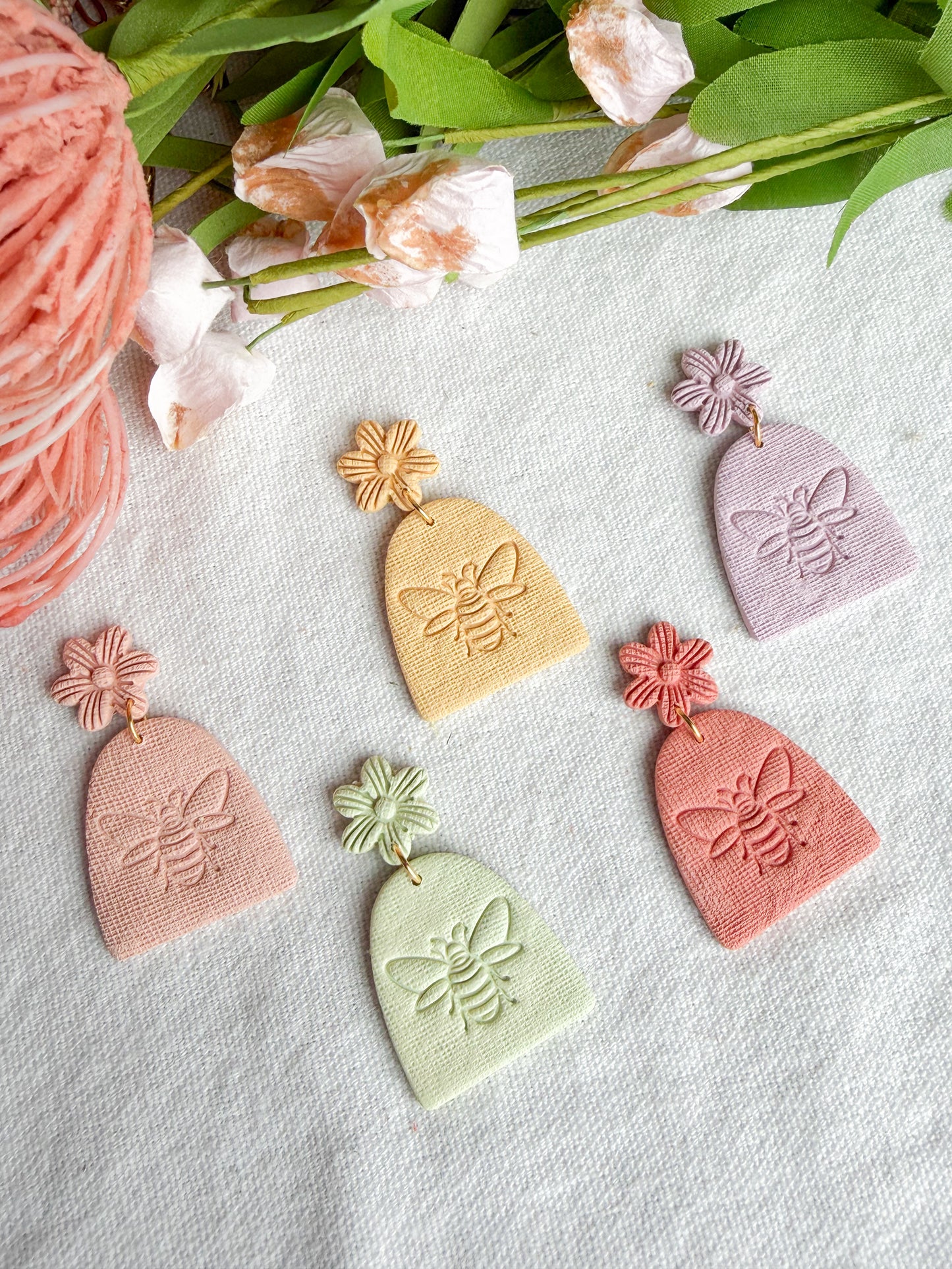 Pastel Honeybee Embossed Floral Polymer Clay Earrings