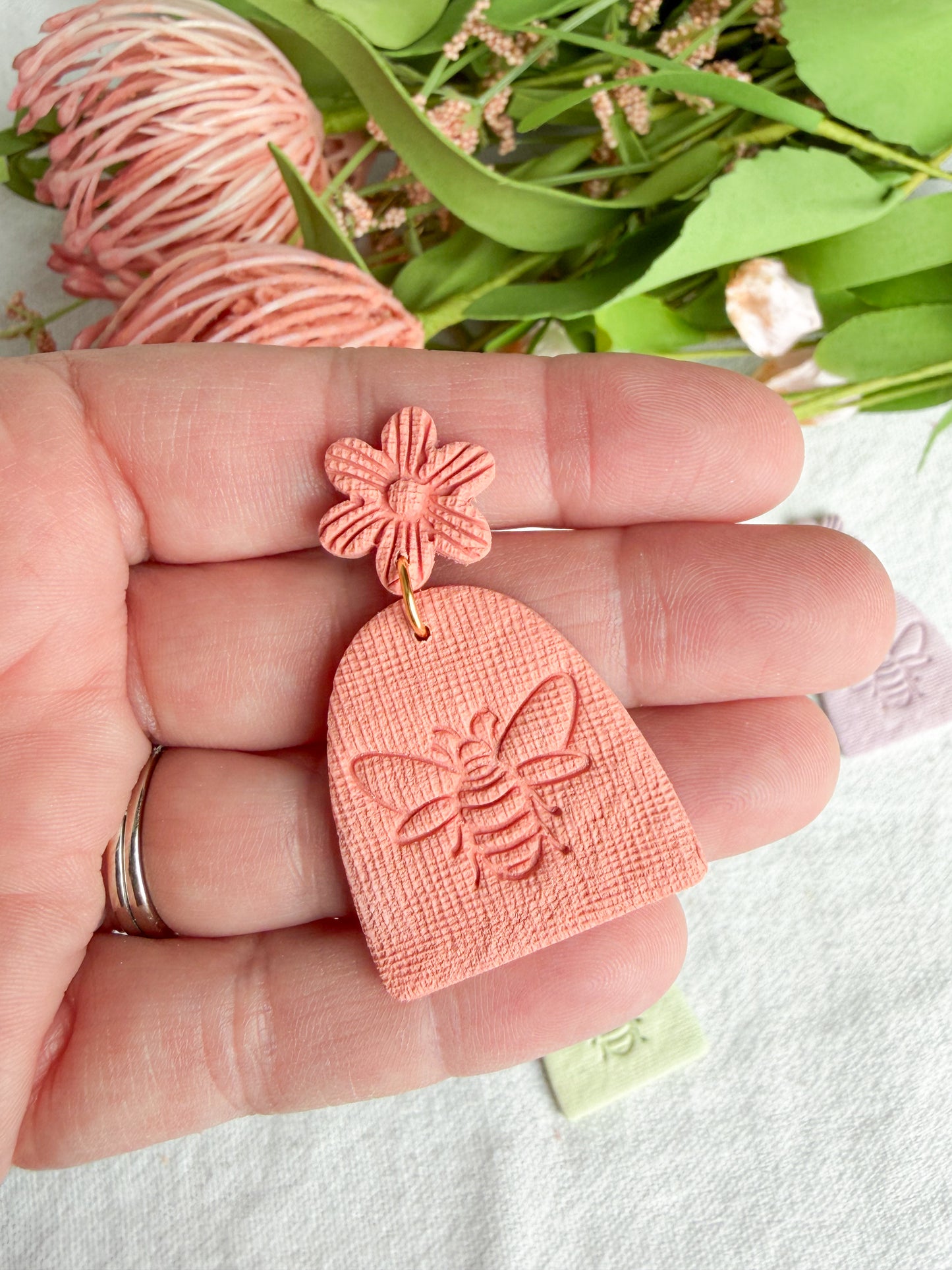 Pastel Honeybee Embossed Floral Polymer Clay Earrings