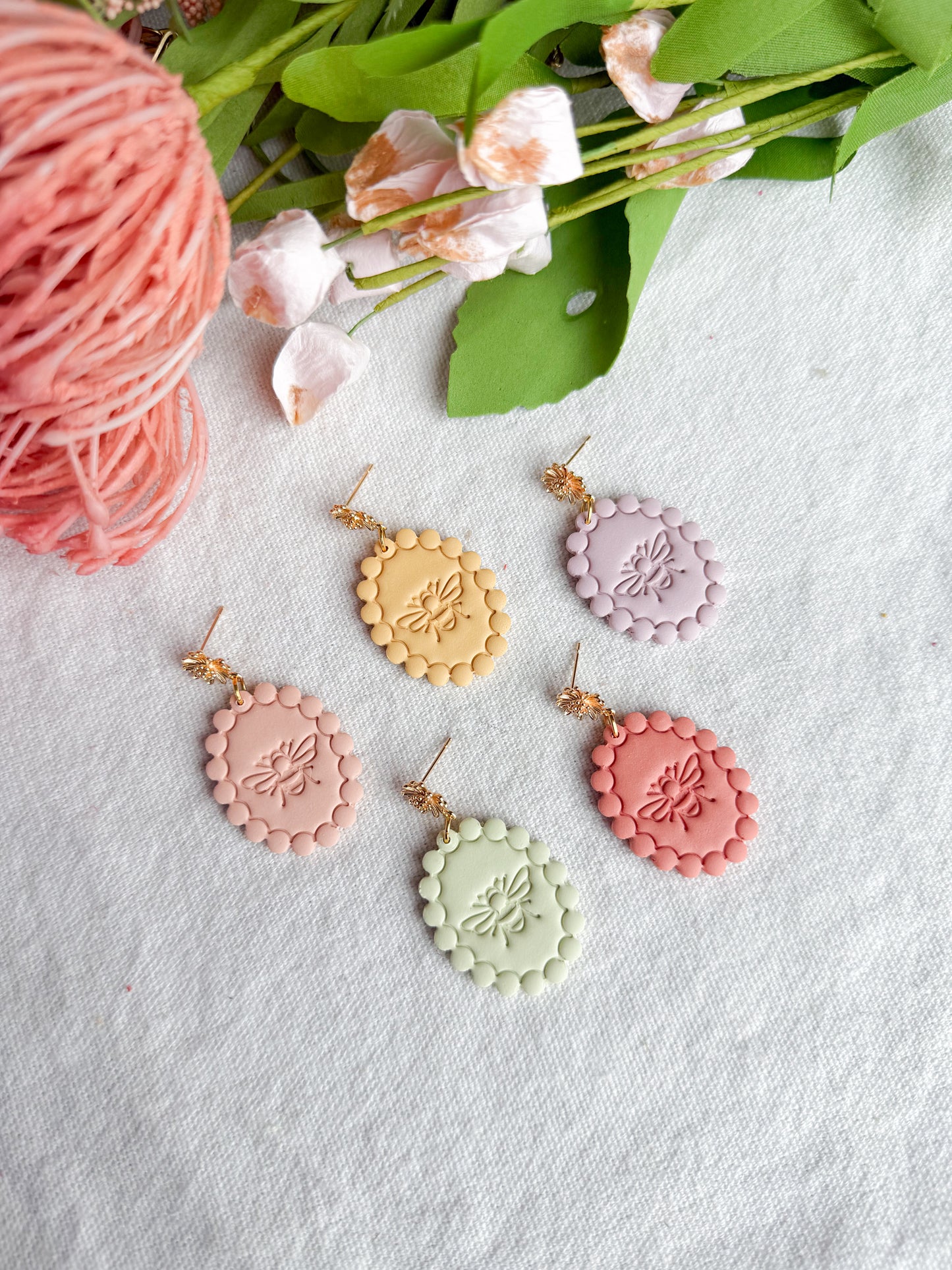 Scalloped Pastel Honeybee Embossed Polymer Clay Earrings