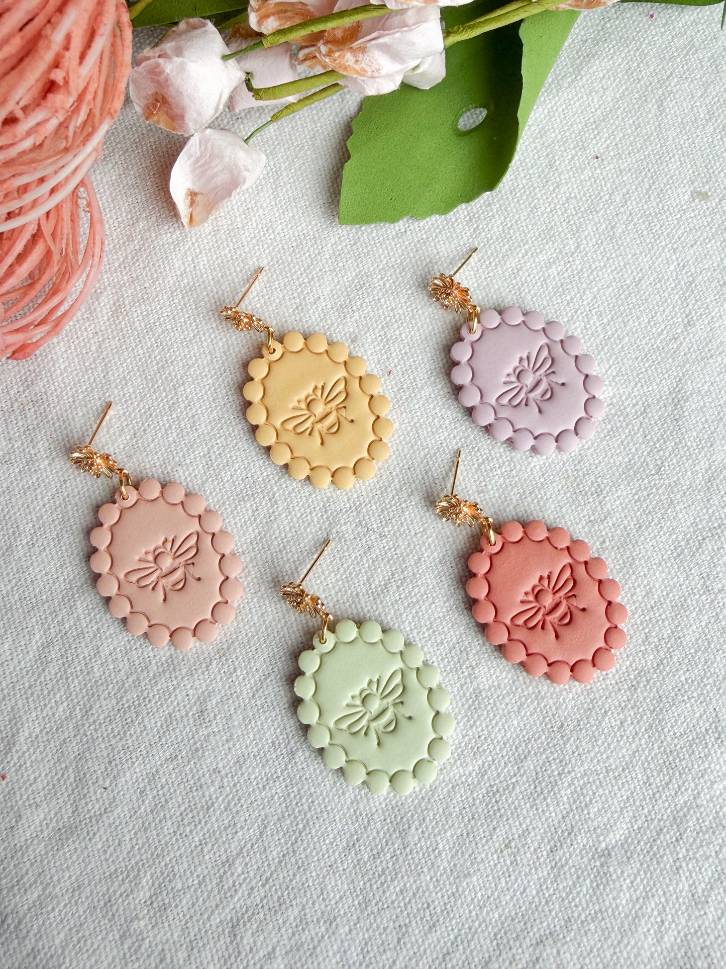 Scalloped Pastel Honeybee Embossed Polymer Clay Earrings