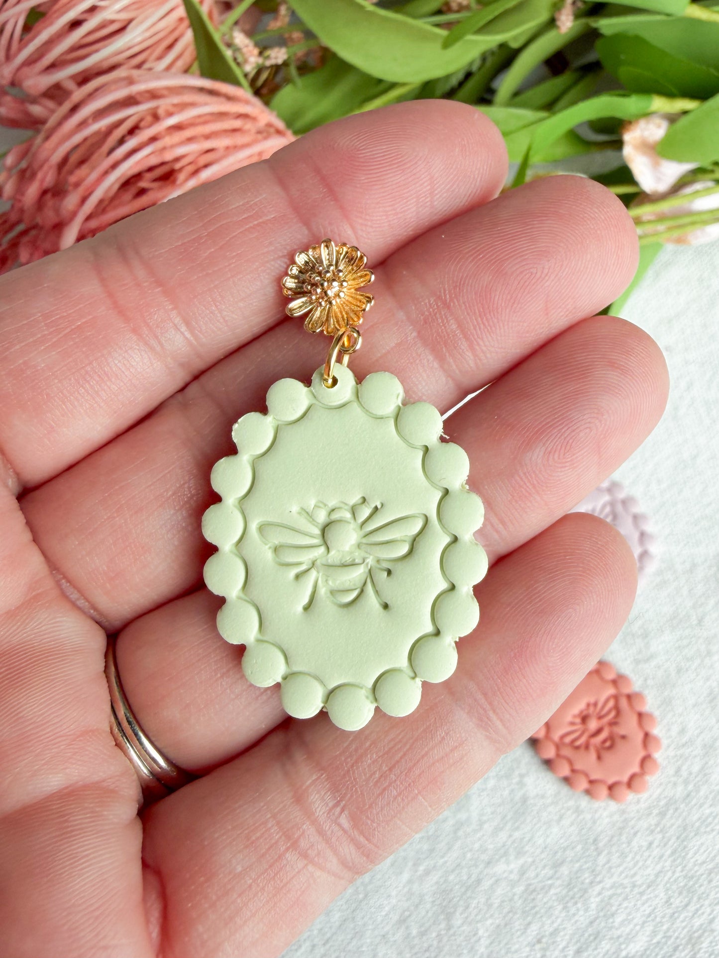 Scalloped Pastel Honeybee Embossed Polymer Clay Earrings