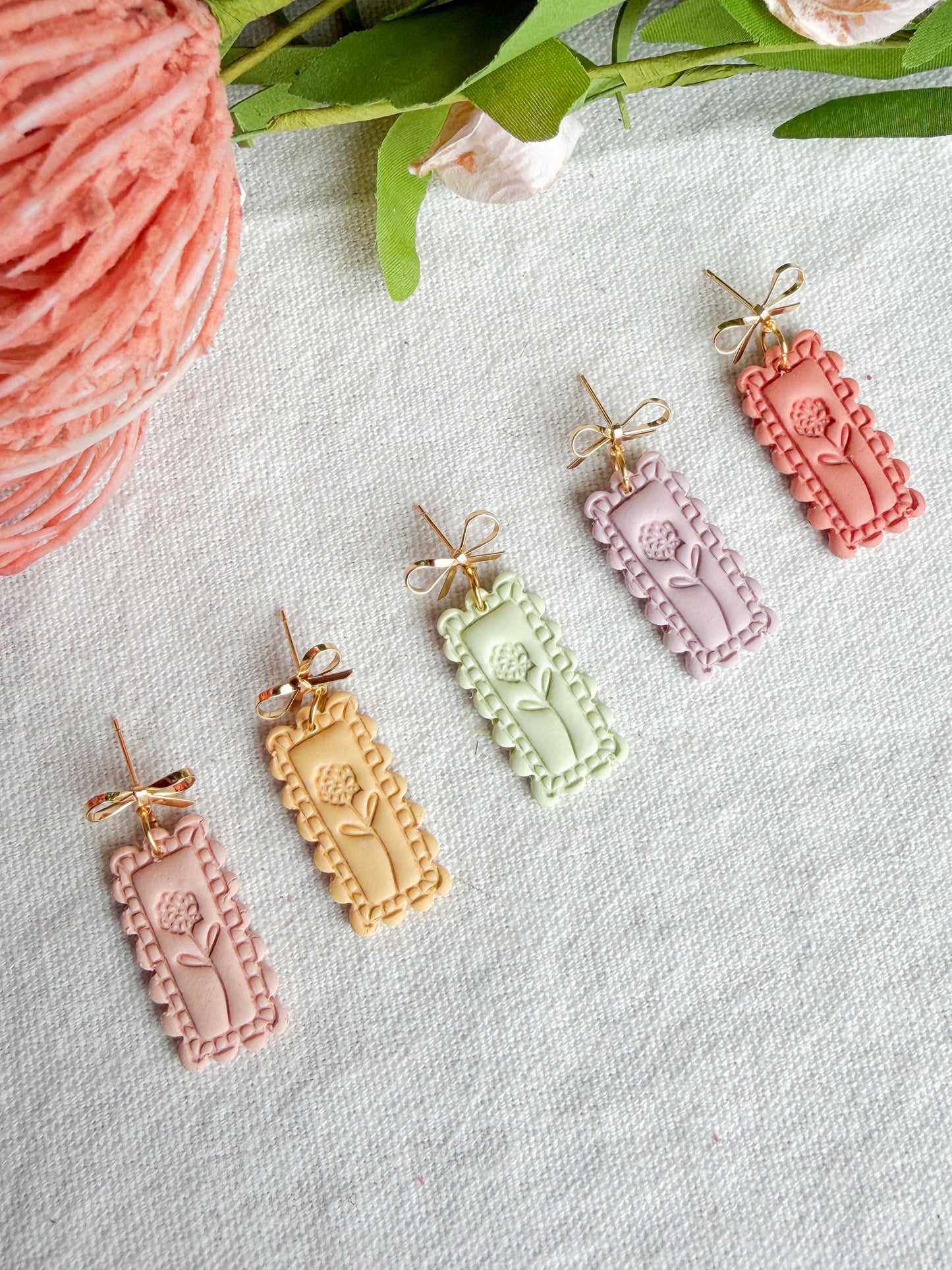 Pastel Scalloped Frame Flower Embossed Polymer Clay Earrings