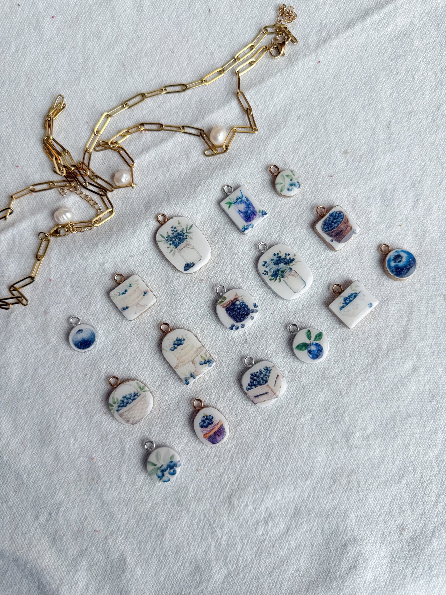 Blueberry Themed Transfer Paper Designed Polymer Clay Charms