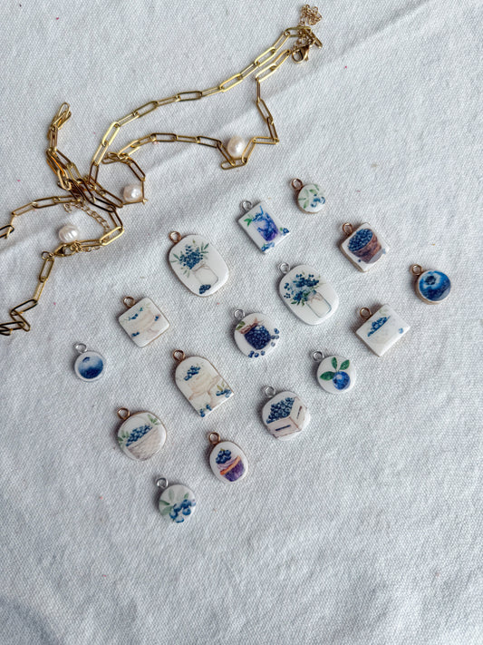 Blueberry Themed Transfer Paper Designed Polymer Clay Charms
