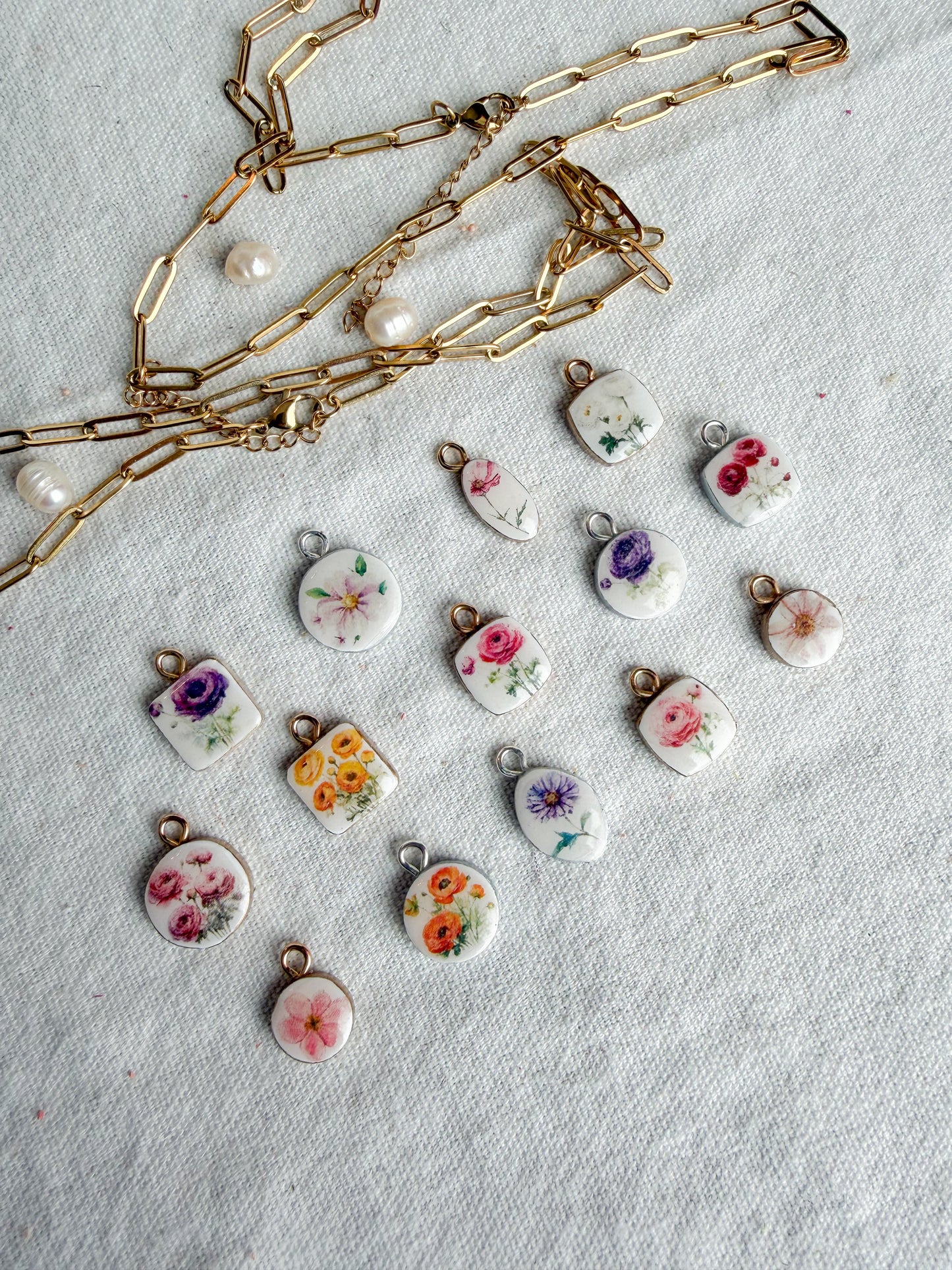 Flower Themed Transfer Paper Designed Polymer Clay Charms