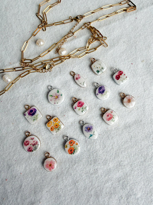 Flower Themed Transfer Paper Designed Polymer Clay Charms