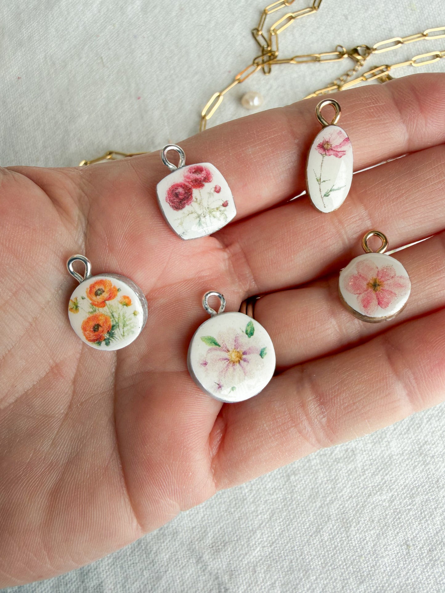 Flower Themed Transfer Paper Designed Polymer Clay Charms