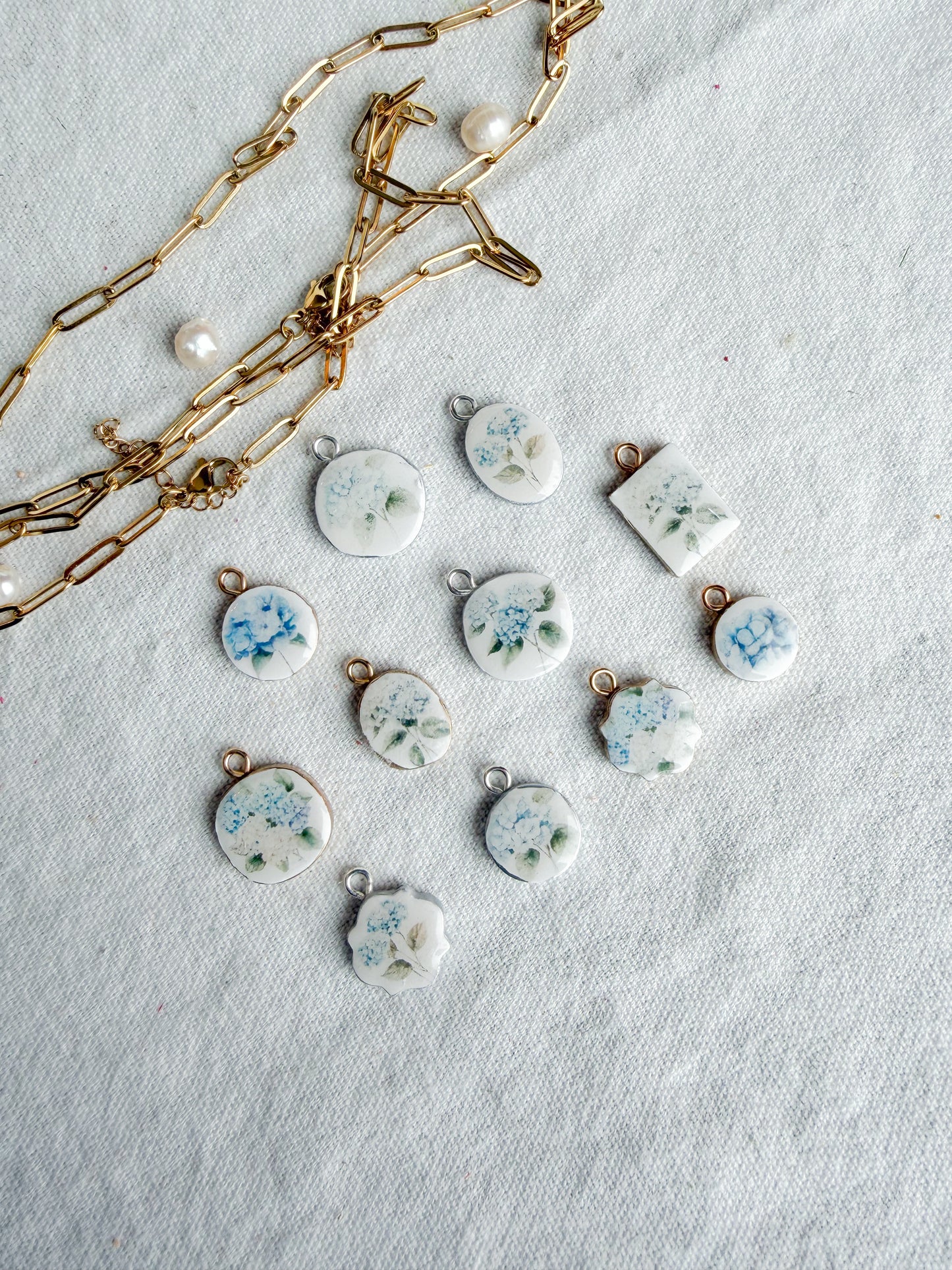 Blue Hydrangea Themed Transfer Paper Designed Polymer Clay Charms