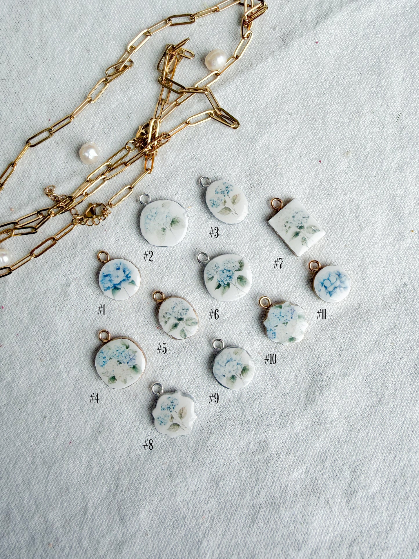 Blue Hydrangea Themed Transfer Paper Designed Polymer Clay Charms