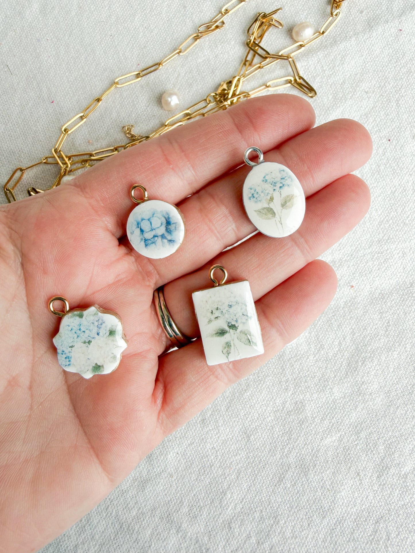 Blue Hydrangea Themed Transfer Paper Designed Polymer Clay Charms