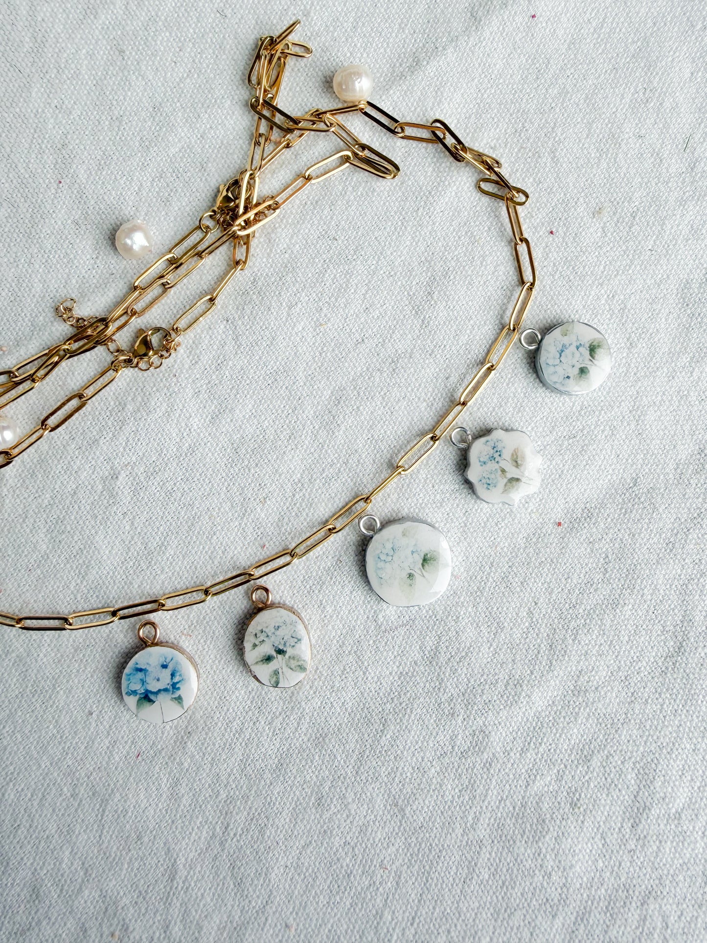 Blue Hydrangea Themed Transfer Paper Designed Polymer Clay Charms