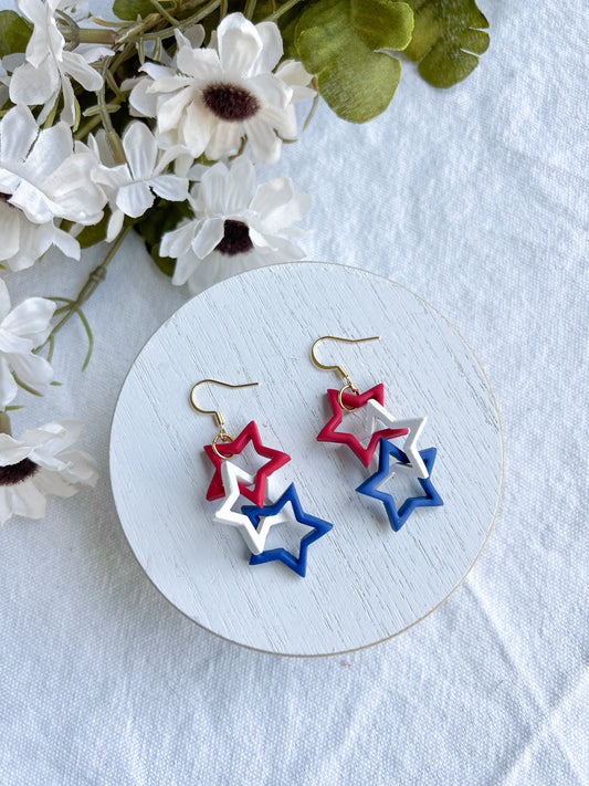 Red, White, and Blue Star Chain Link Polymer Clay Earrings