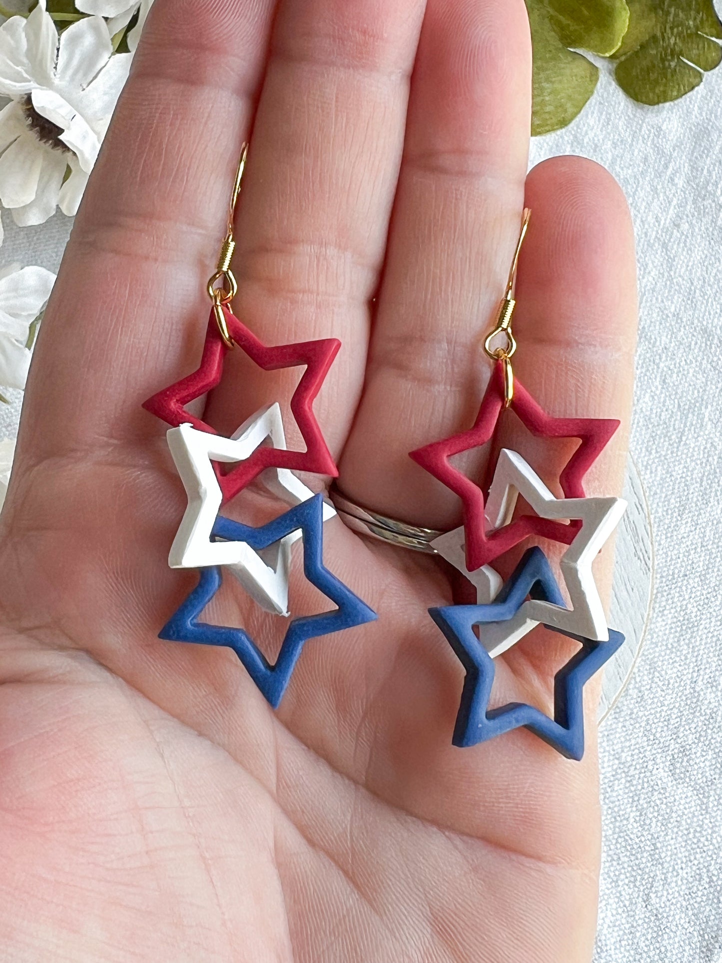 Red, White, and Blue Star Chain Link Polymer Clay Earrings