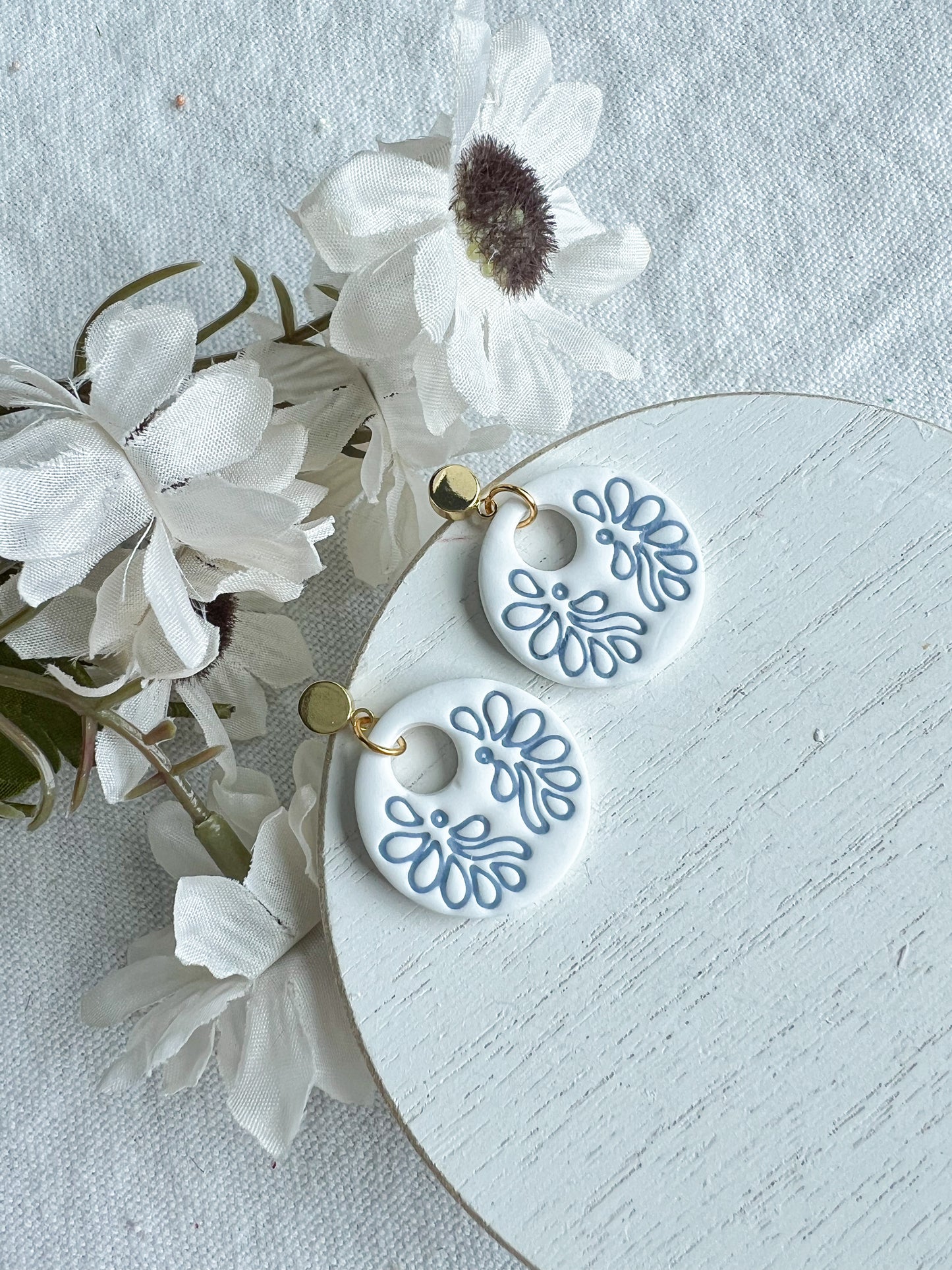 Embossed Blue Leaf Tile Earrings