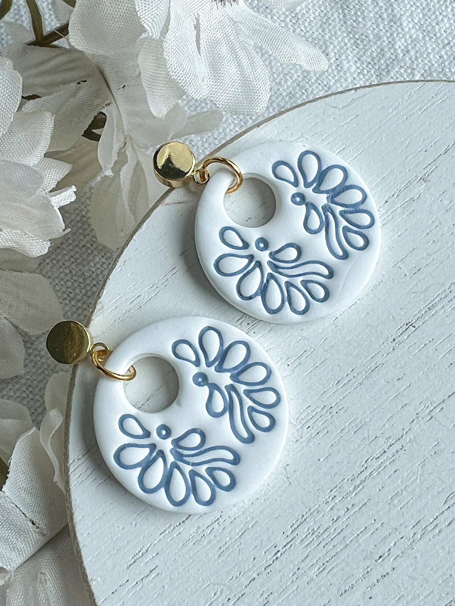 Embossed Blue Leaf Tile Earrings