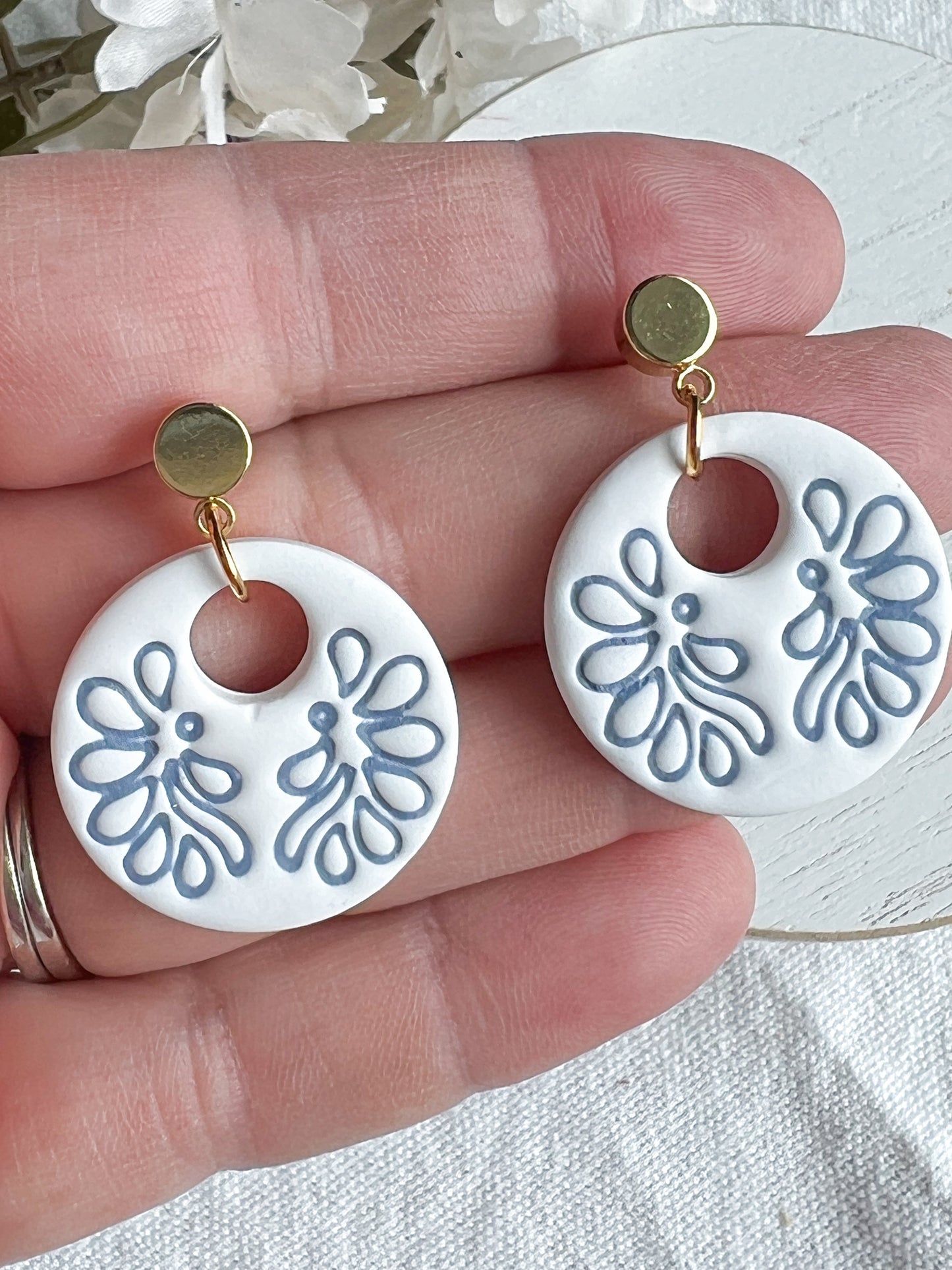 Embossed Blue Leaf Tile Earrings