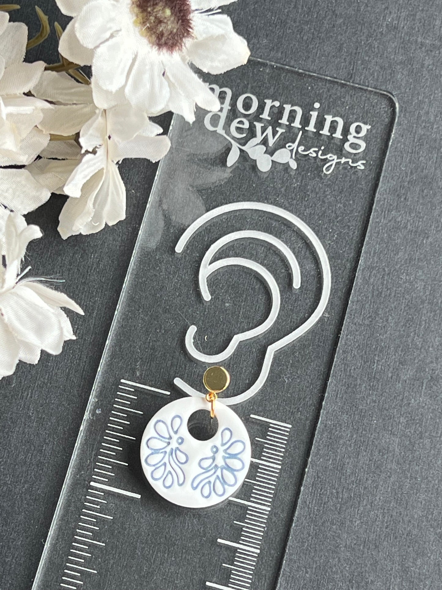 Embossed Blue Leaf Tile Earrings