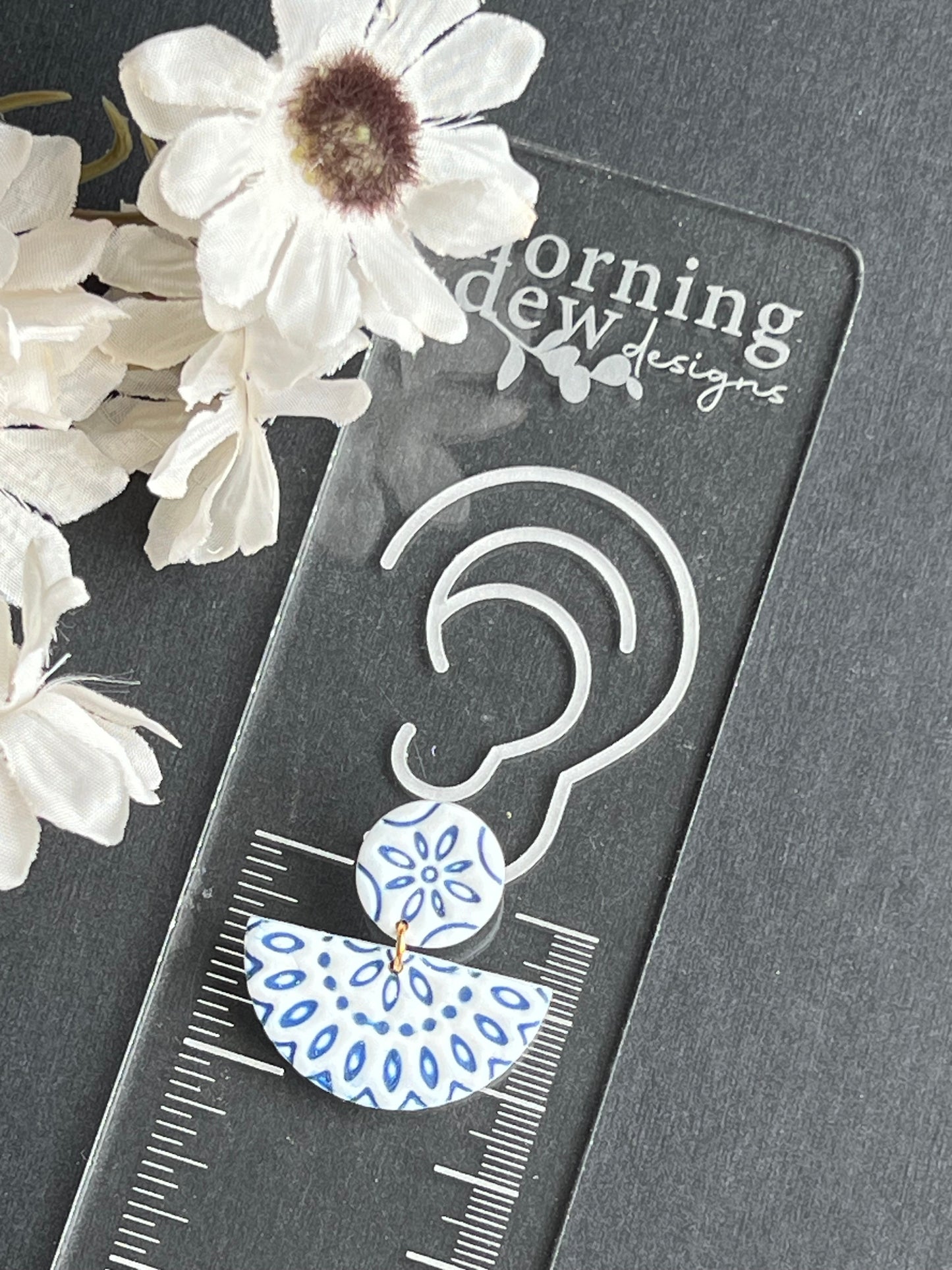 Decorative Embossed Blue Tile Polymer Clay Earrings