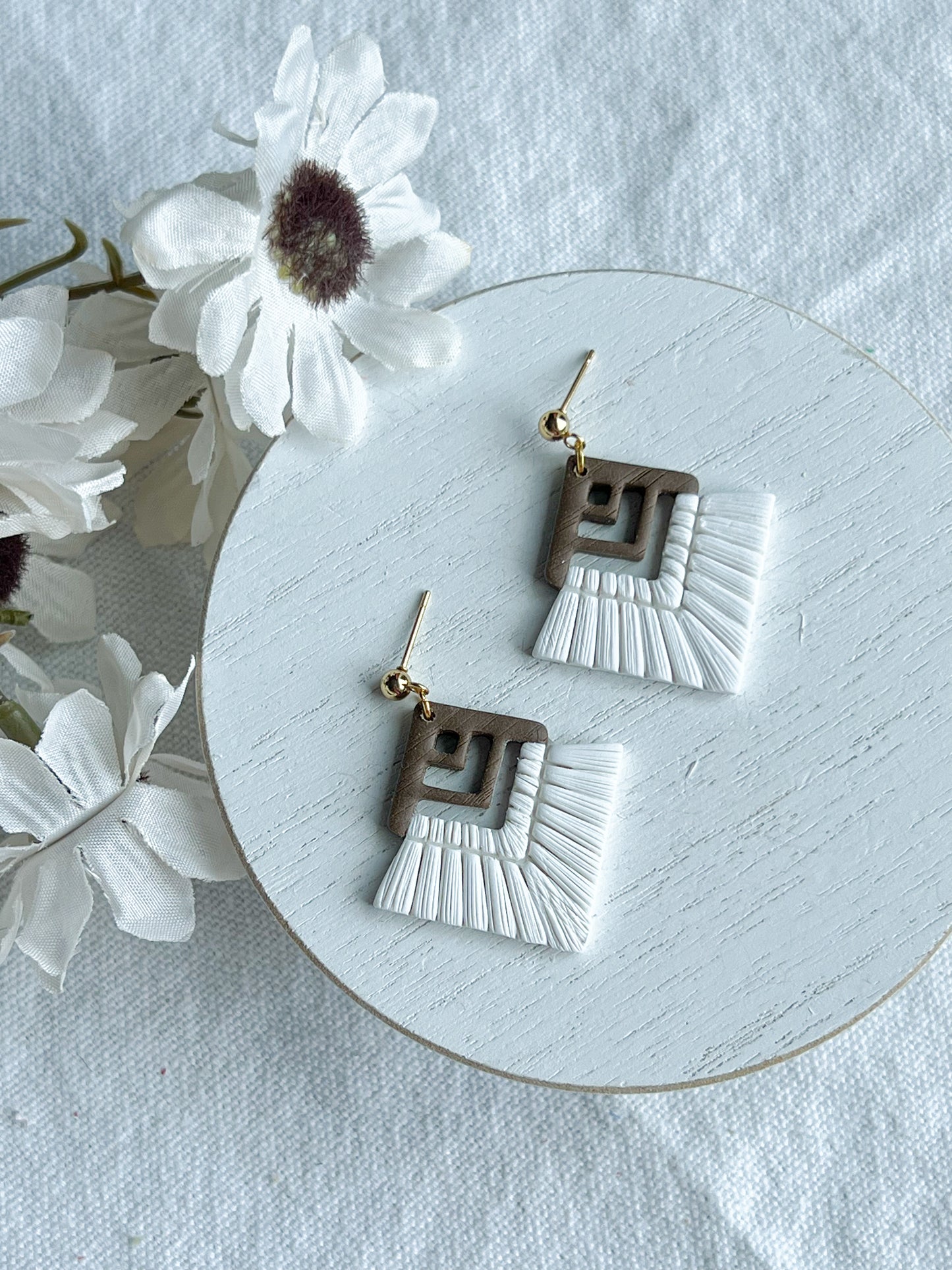 White Macrame w/ Wood Top Polymer Clay Earrings