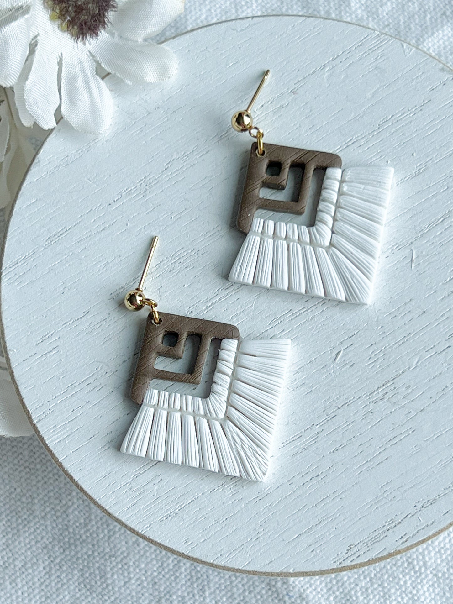 White Macrame w/ Wood Top Polymer Clay Earrings