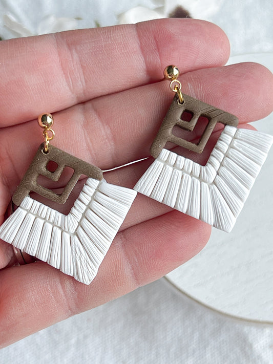 White Macrame w/ Wood Top Polymer Clay Earrings