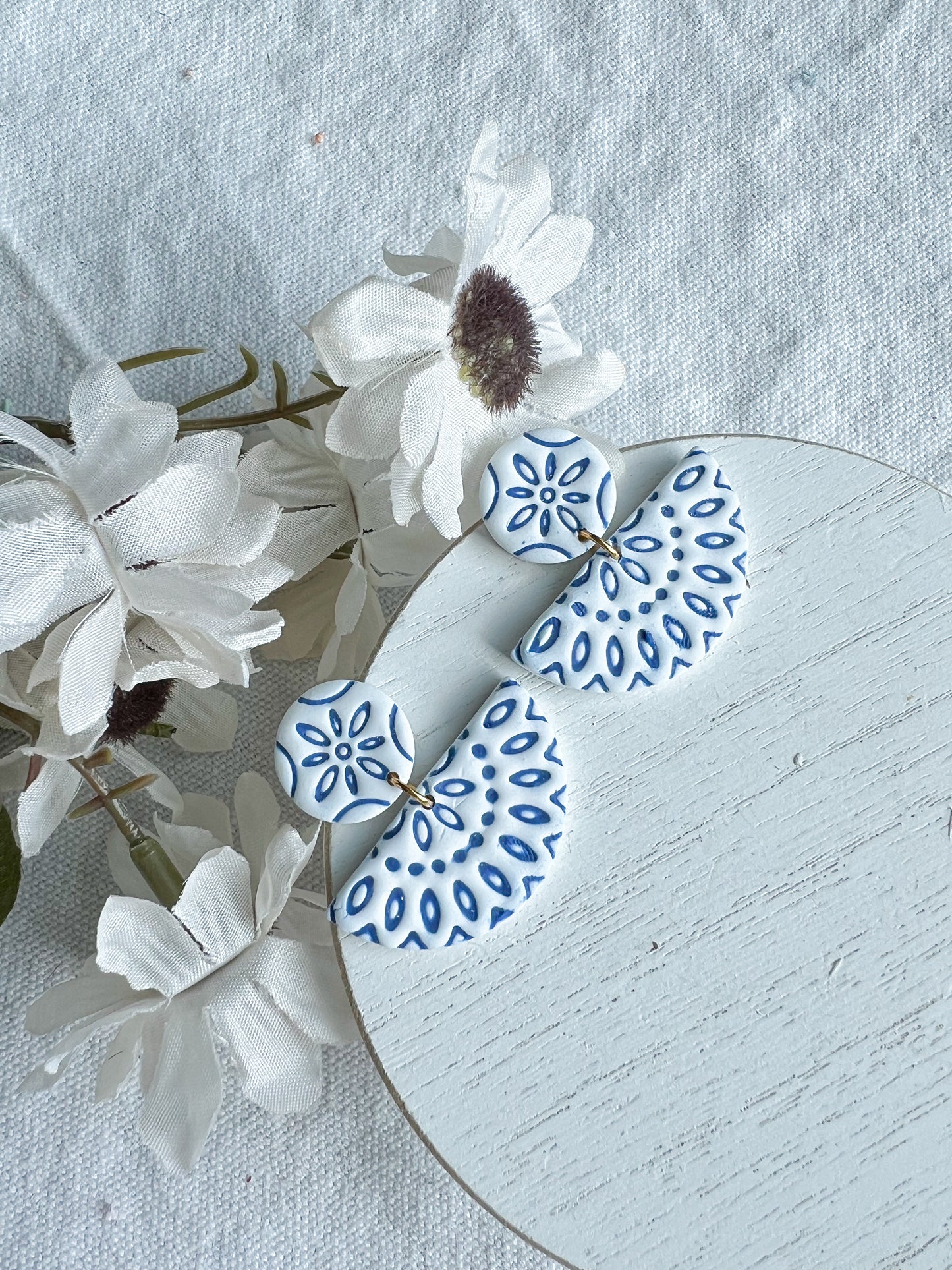 Decorative Embossed Blue Tile Polymer Clay Earrings