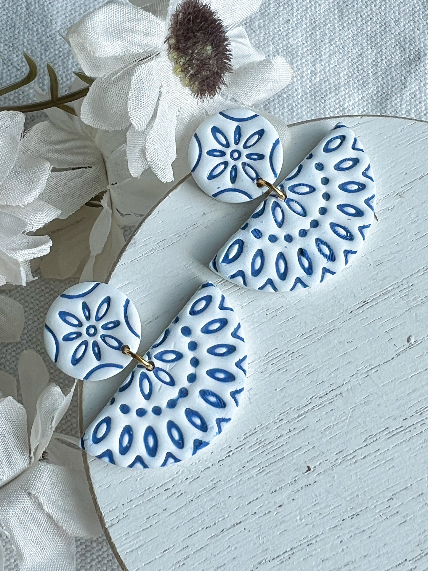 Decorative Embossed Blue Tile Polymer Clay Earrings