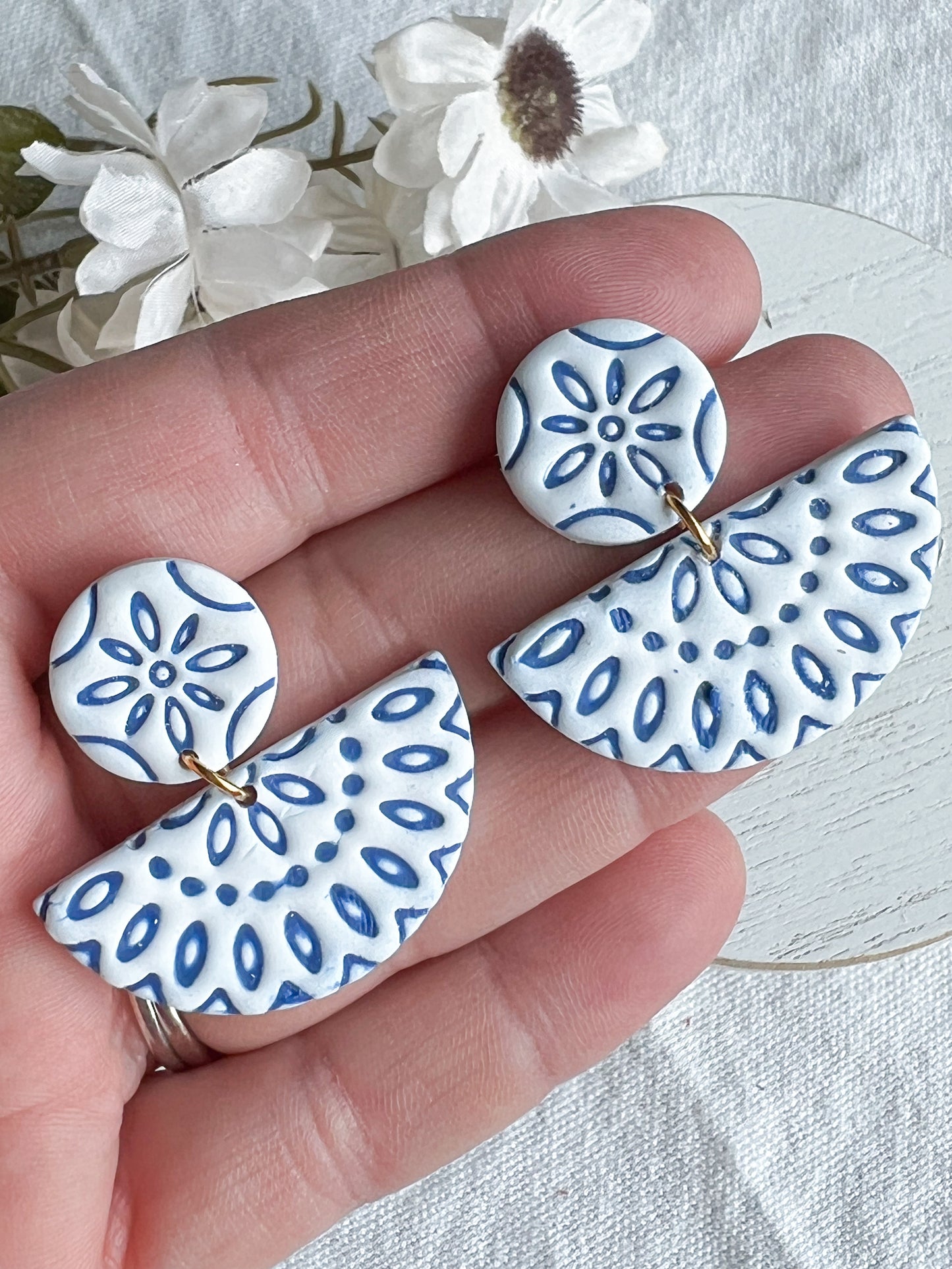 Decorative Embossed Blue Tile Polymer Clay Earrings